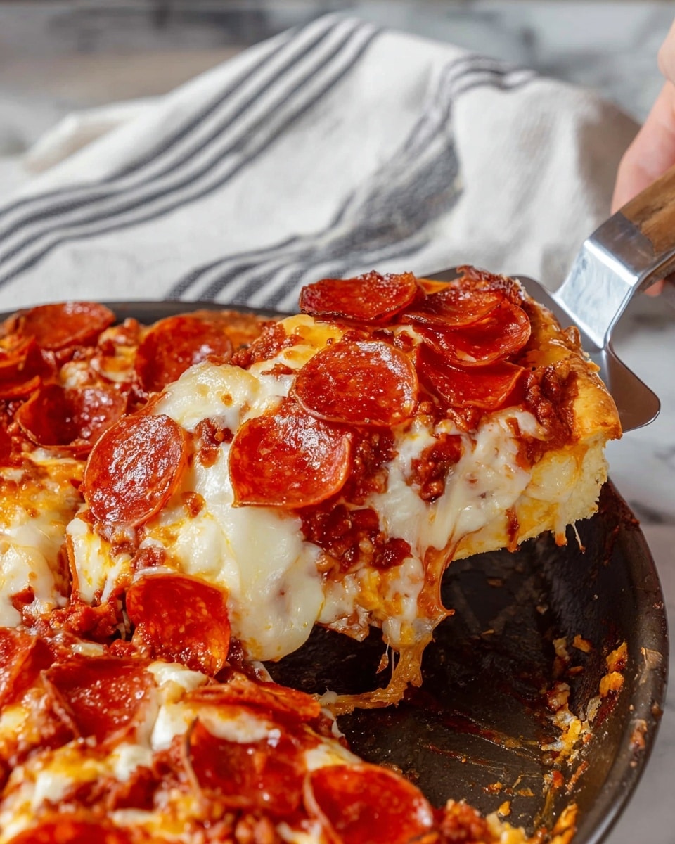 A close-up of a slice of pepperoni pizza being lifted by a silver spatula held by a woman's hand. The pizza has three main layers: the bottom is a thick, golden-brown crust; the middle layer is a rich, red tomato sauce with bits of ground meat; the top layer is thick, melted white cheese coated with shiny, round pepperoni slices that are bright red with darker edges. The pizza sits on a dark pan with some oil and crumbs, and there is a white towel with gray stripes in the background on a white marbled surface. photo taken with an iphone --ar 4:5 --v 7