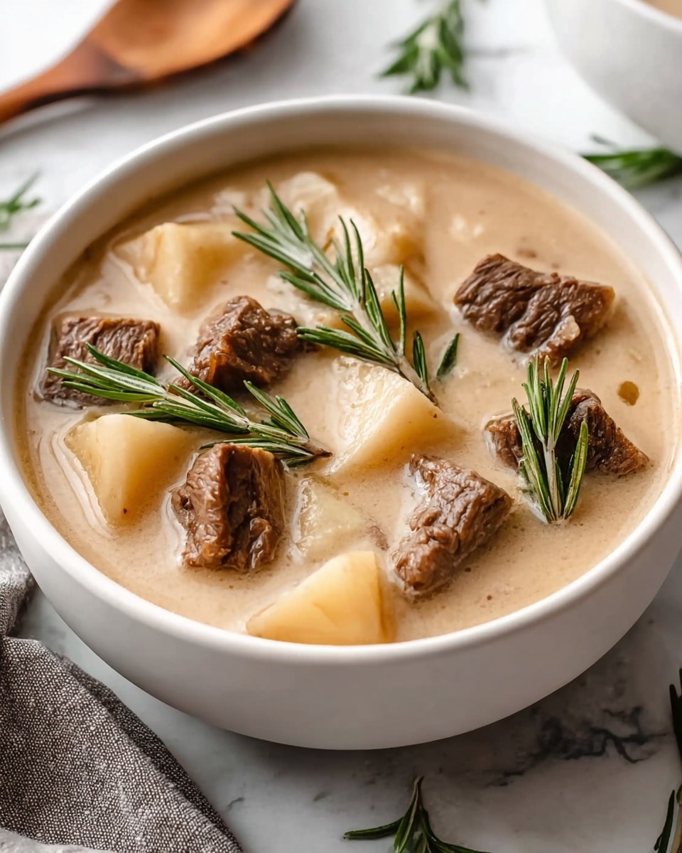 A white bowl filled with creamy beige soup that has a smooth texture, containing several large chunks of tender brown beef and white potato pieces with a slightly glossy surface. On top of the soup, fresh green rosemary sprigs are placed as garnish. The bowl sits on a white marbled surface with part of a wooden spoon and a gray cloth visible nearby. The scene is bright and well-lit, showing the rich details of the soup ingredients photo taken with an iphone --ar 4:5 --v 7