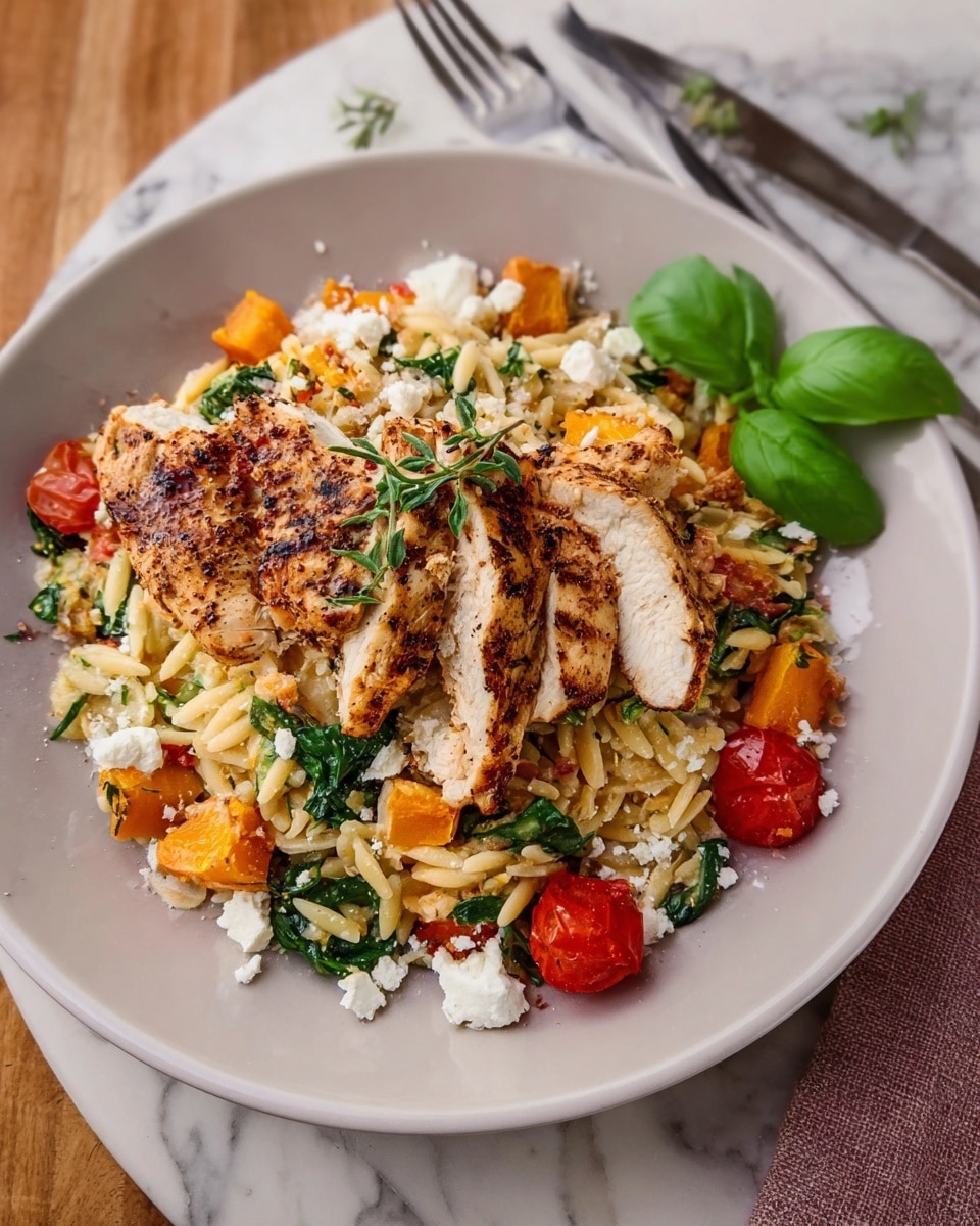 A white plate holds a colorful dish with three main layers: the base is a creamy orzo pasta mixed with green leafy vegetables and bright orange cubes, scattered with halved cherry tomatoes and white cheese crumbles. On top of the pasta lies a well-grilled chicken breast, sliced into two thick pieces with a golden-brown crust, garnished with a small green herb sprig. A fresh green basil leaf is placed beside the chicken, adding a pop of color. The plate sits on a white marbled surface with a fork and knife beside it. Photo taken with an iphone --ar 4:5 --v 7
