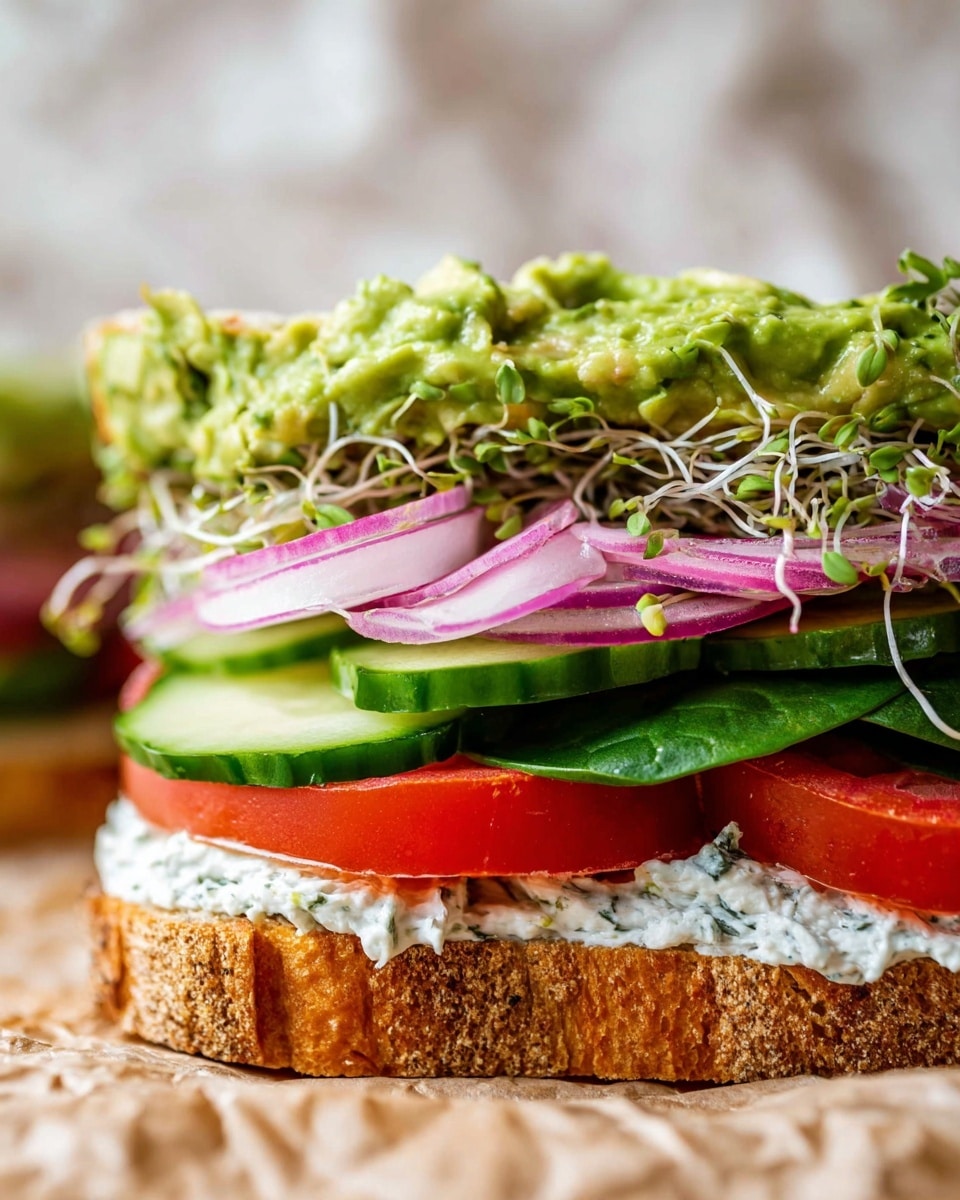 A close-up view of a sandwich with five main visible layers on toasted bread. The bottom layer is creamy white spread with green herb bits, sitting on the soft but crispy bread base. Above that are bright red slices of tomato, topped by thin green cucumber slices and fresh light green sprouts. Next, there are thinly sliced pink and white onions, and then fresh dark green spinach leaves. The top layer shows a thick spread of chunky green avocado mash on toasted bread with a golden-brown crust. The sandwich is placed on crumpled parchment paper with a blurred white marbled texture in the background. Photo taken with an iphone --ar 4:5 --v 7