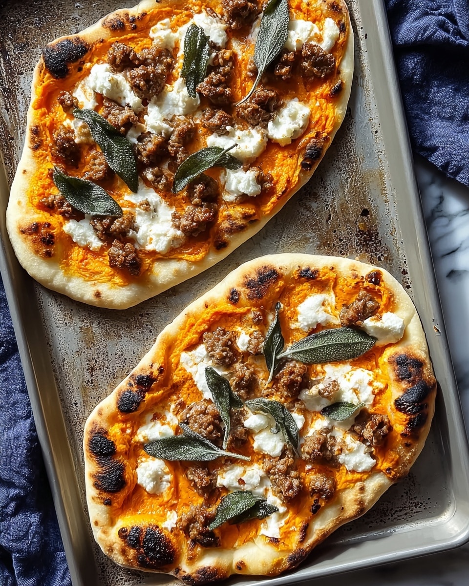 Two flat, oval-shaped pizzas sit on a baking tray with a slightly charred edge on their white dough crust. Each pizza has one thin layer of bright orange sauce spread evenly on top, followed by scattered small chunks of browned sausage. There are dollops of soft white cheese spread across the surface, adding a creamy texture. Large green sage leaves rest on top, giving a fresh contrast to the warm colors. The tray is placed on a white marbled texture surface with a dark blue cloth nearby. Photo taken with an iphone --ar 4:5 --v 7