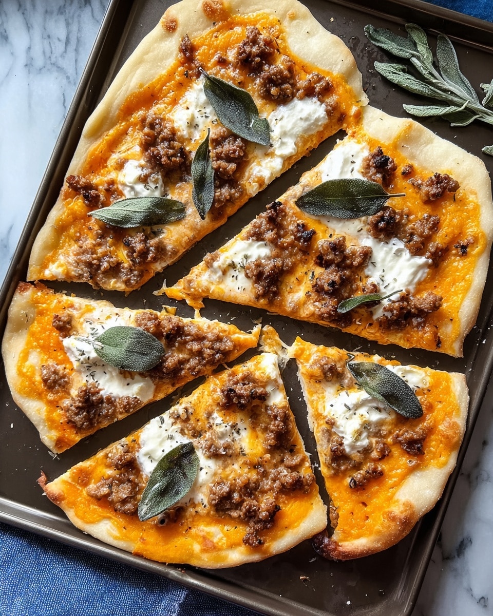 A flat pizza cut into four uneven triangular slices lies on a dark baking tray, placed on a white marbled surface with a blue cloth nearby. The base layer is a thin golden-brown crust with some puffed edges. On top is a smooth orange sauce covering the entire base, overlaid with scattered browned ground meat pieces. Small dollops of white creamy cheese are spread across each slice, topped with a few dark green sage leaves and sprinkled with dried herbs. The textures show a mix of crispy crust, crumbly meat, smooth sauce, and soft cheese. Photo taken with an iphone --ar 4:5 --v 7