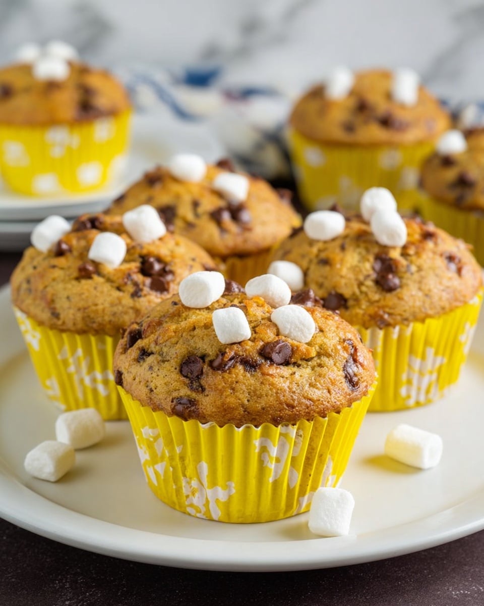 The image shows five muffins placed on a white plate, each muffin in a bright yellow paper liner with white patterns. The muffins have a textured golden-brown top, scattered with small white marshmallows and dark brown chocolate chips. The muffins' tops are slightly rounded and appear soft and moist. A few marshmallows and chocolate chips have fallen onto the white plate. The background is blurred, showing hints of a white marbled texture. photo taken with an iphone --ar 4:5 --v 7