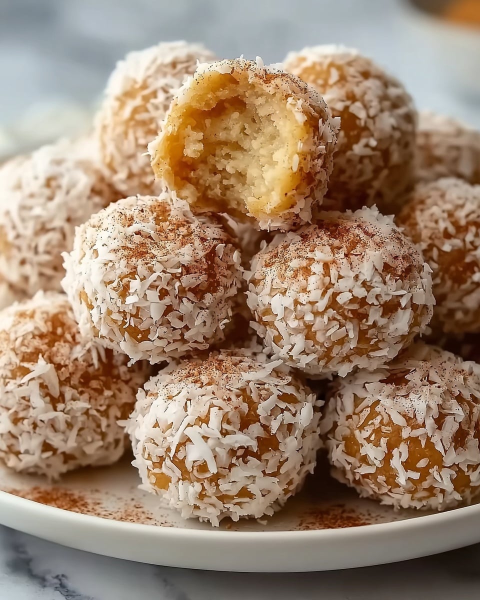 A pile of round, golden-brown dessert balls covered with white shredded coconut flakes and a light dusting of cinnamon powder sits on a white plate, arranged closely together. One dessert ball is slightly lifted above the others, broken open to show a soft, moist, creamy white inside with a coarse texture. The background features a white marbled texture that gently fades out of focus, highlighting the dessert balls in the center. photo taken with an iphone --ar 4:5 --v 7