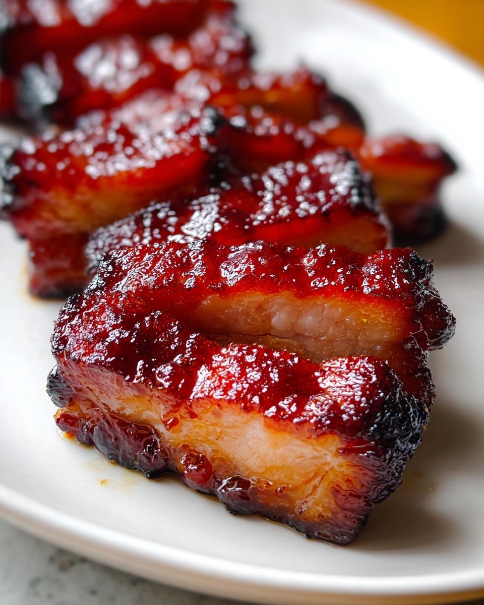 A close-up view of several thick slices of glazed pork belly arranged on a white plate, each piece showing a rich, shiny dark red-brown caramelized crust with some charred edges and a tender, light pinkish inside, the glaze creating a glossy, sticky texture that highlights the moist and juicy layers of meat and fat. The background is a white marbled texture, softly blurred to keep full attention on the meat’s detailed surface. photo taken with an iphone --ar 4:5 --v 7