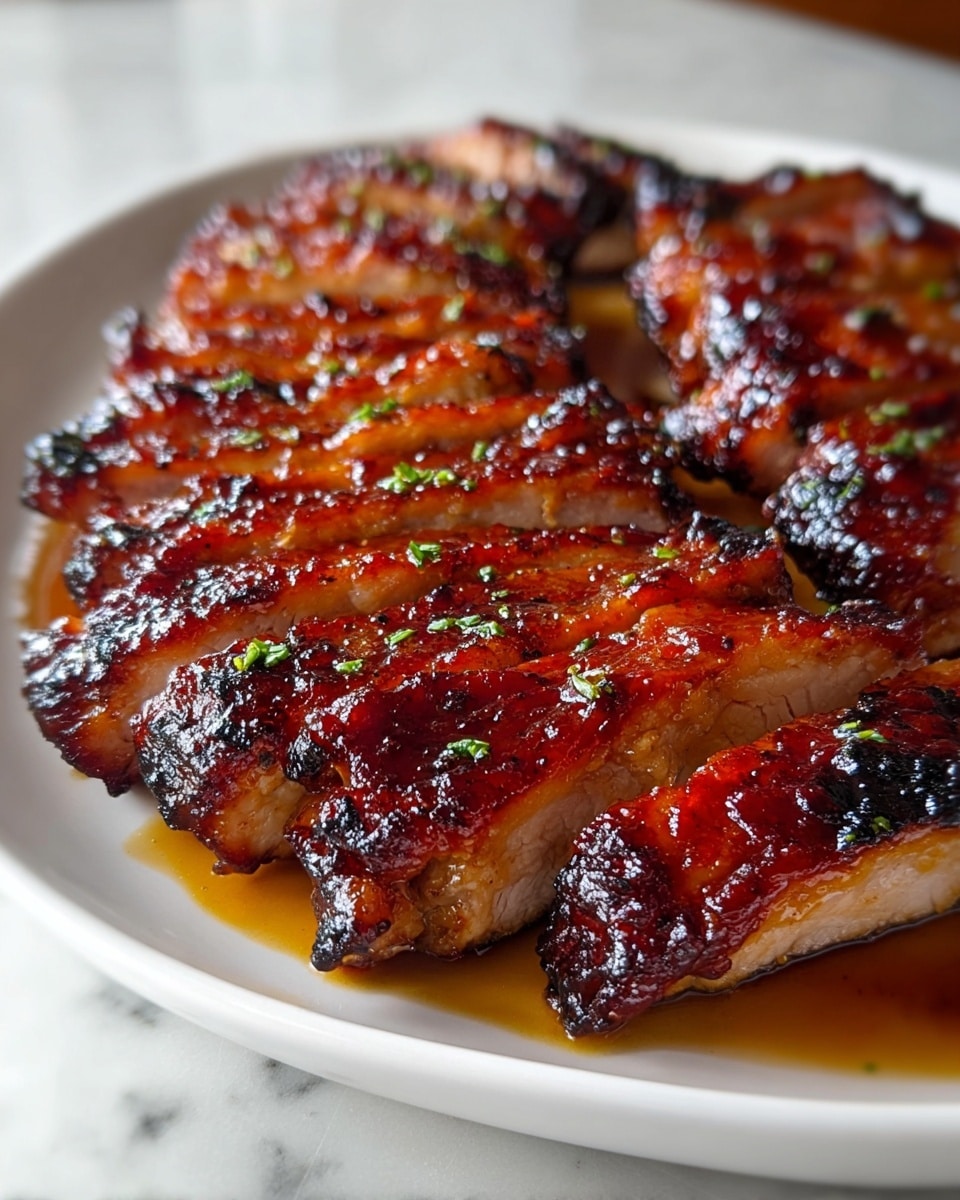 A white plate holds several thick slices of glazed grilled meat arranged in a slightly fanned layer. Each slice shows a rich, shiny, deep reddish-brown glaze with caramelized edges and charred spots. The meat layers reveal a juicy, tender inside with light beige tones contrasting the dark, sticky exterior. Small green herb bits are sprinkled lightly over the surface, adding color and texture. Some sauce pools gently beneath the slices on the plate, emphasizing the glossy finish of the meat. The plate sits against a white marbled surface, softly blurred in the background. photo taken with an iphone --ar 4:5 --v 7