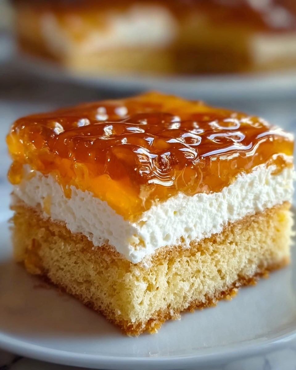 The image shows a close-up of a square layered dessert on a white plate, placed on a white marbled surface. The dessert has three visible layers: the top and bottom layers are golden-brown sponge cake with a soft, crumbly texture, and in the middle is a thick, smooth white cream layer. The top sponge layer is glazed with a shiny amber caramel, creating a glossy, slightly uneven surface with small bubbles visible inside the caramel. The focus is sharp on the front corner of the dessert, highlighting the textures of the cake and cream. photo taken with an iphone --ar 4:5 --v 7