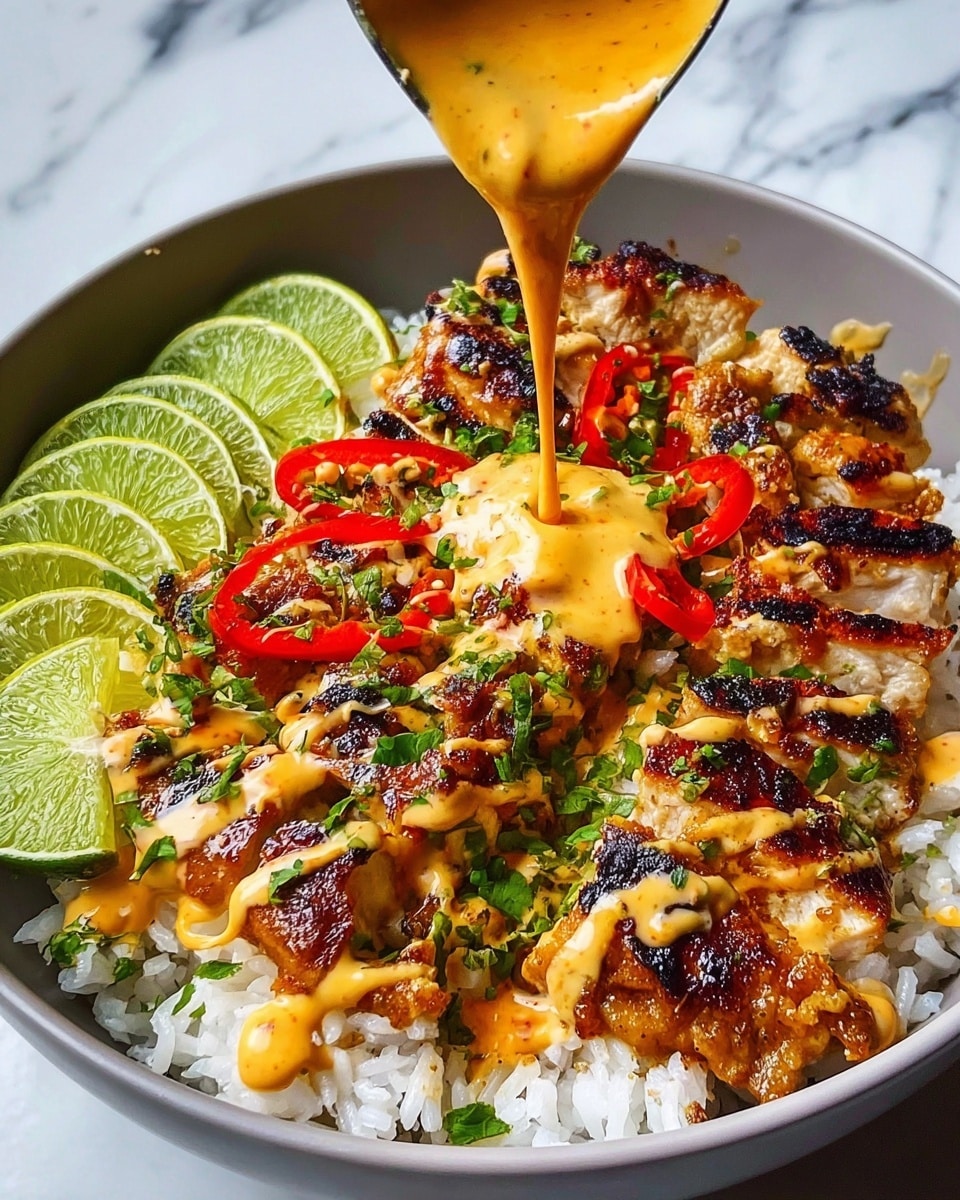 A white bowl filled with a base layer of fluffy white rice, topped with grilled chicken pieces that have a golden-brown char and are drizzled with creamy, light orange sauce. There are thin slices of bright red chili and finely chopped green herbs scattered on top of the chicken. On one side of the bowl, there are several slices of fresh lime adding a vibrant green contrast. In the center, a thicker yellow-orange sauce is being poured over the dish, creating a smooth, rich texture on top. The bowl is set on a white marbled surface. Photo taken with an iphone --ar 4:5 --v 7