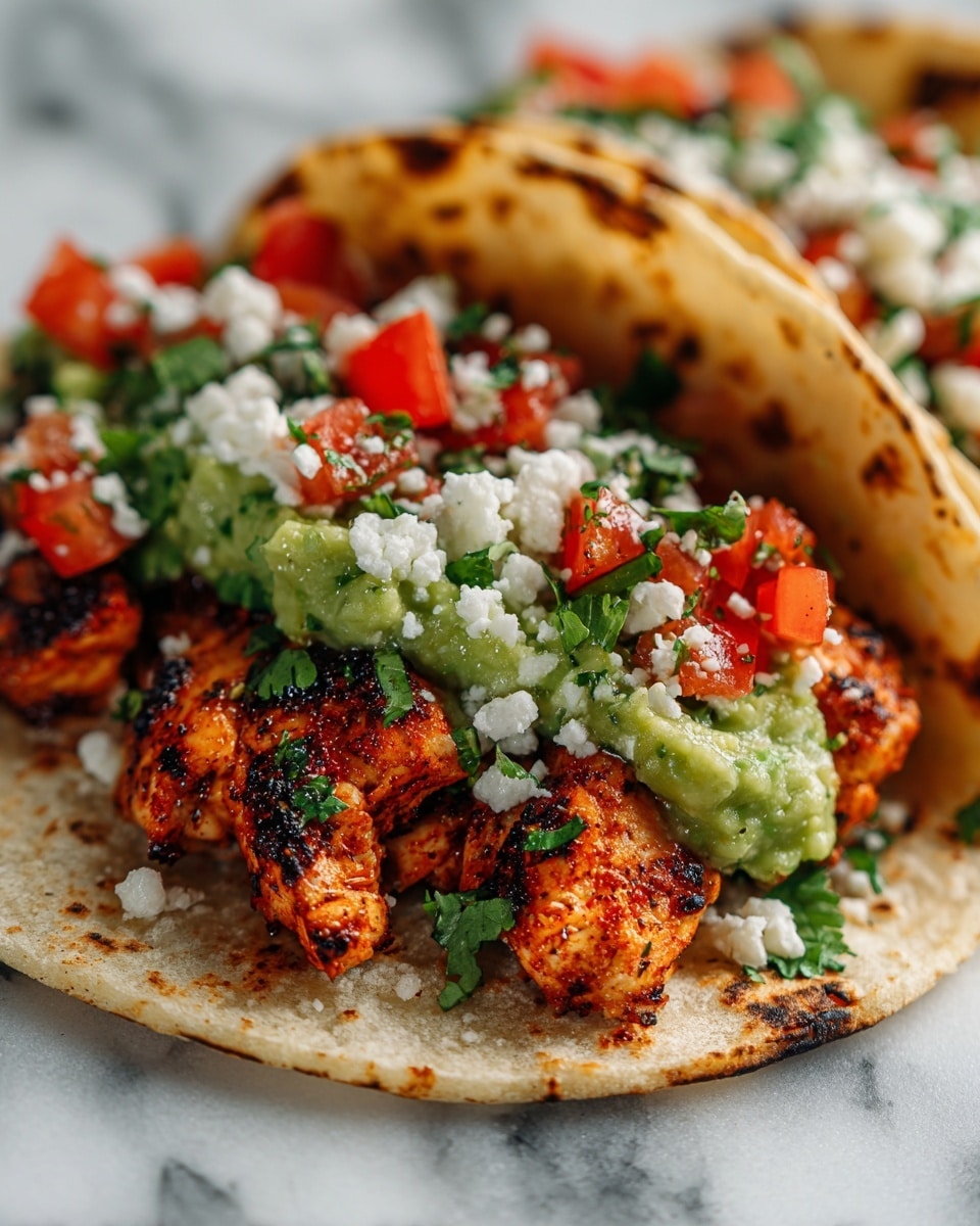 The image shows a close-up of a soft taco with two layers of lightly toasted corn tortillas at the base. Inside, there are chunks of grilled chicken seasoned with a reddish-orange spice, giving a slightly charred texture and color. On top of the chicken, there are scattered small pieces of fresh diced red tomatoes and white onions, mixed with bright green chopped cilantro. A dollop of creamy green guacamole is placed in the middle, adding a smooth texture and vibrant color contrast. Small crumbles of white cheese are spread over the top, and the taco is placed on a white marbled surface. photo taken with an iphone --ar 4:5 --v 7