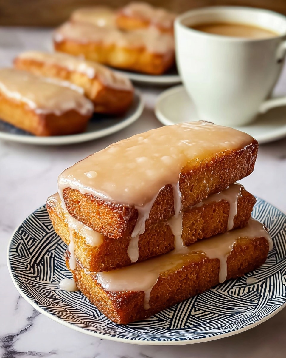 The image shows four rectangular, golden-brown cakes stacked on a white plate with a dark blue abstract line pattern. Each cake has a thick, light tan glaze smoothly covering the top and slightly dripping down the sides. In the background, there is a white cup and saucer filled with light brown coffee, and behind that, another white plate with more glazed cakes sits on a white marbled textured surface. photo taken with an iphone --ar 4:5 --v 7