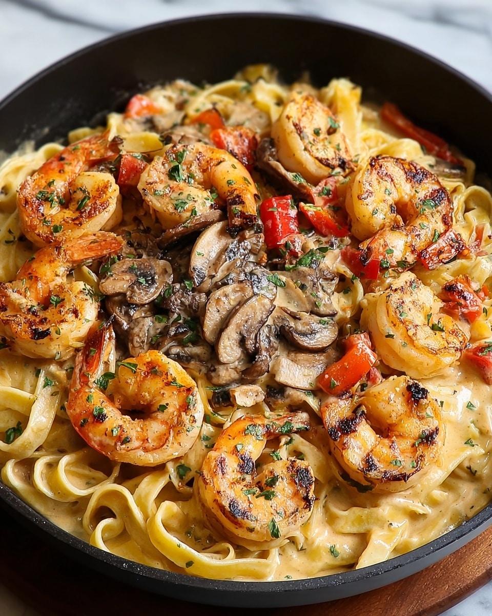 A black pan filled with creamy pasta at the bottom showing a smooth light beige sauce with flat yellowish fettuccine noodles. On top, there are large grilled shrimp with a pink-orange color and blackened grill marks, scattered evenly around the pan. Also layered on the pasta are thick slices of sautéed brown mushrooms with a glossy texture, and small pieces of bright red bell pepper mixed in. The dish is sprinkled with small bits of green parsley for color contrast. The pan sits on a white marbled surface. photo taken with an iphone --ar 4:5 --v 7