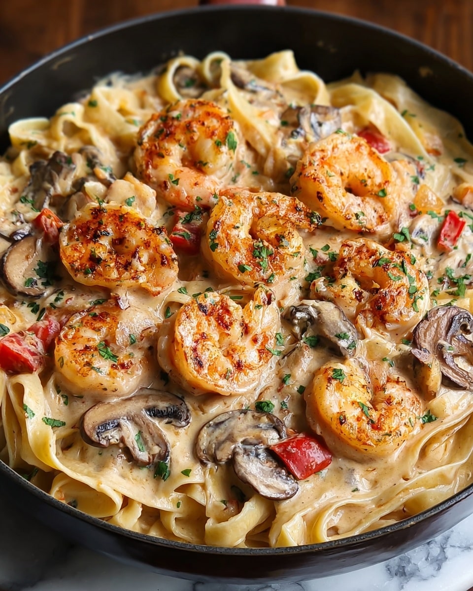 A close-up view of a creamy pasta dish served in a black pan, featuring one layer of thick, flat fettuccine noodles coated in a light beige creamy sauce. On top of the noodles, there is a generous layer of large, pink prawns with light grill marks, scattered evenly. Mixed in with the prawns, there are several slices of browned mushrooms with a soft texture, and small pieces of red bell pepper adding pops of color. The dish is garnished with finely chopped green herbs sprinkled evenly across the surface. The whole scene is set on a white marbled texture. photo taken with an iphone --ar 4:5 --v 7