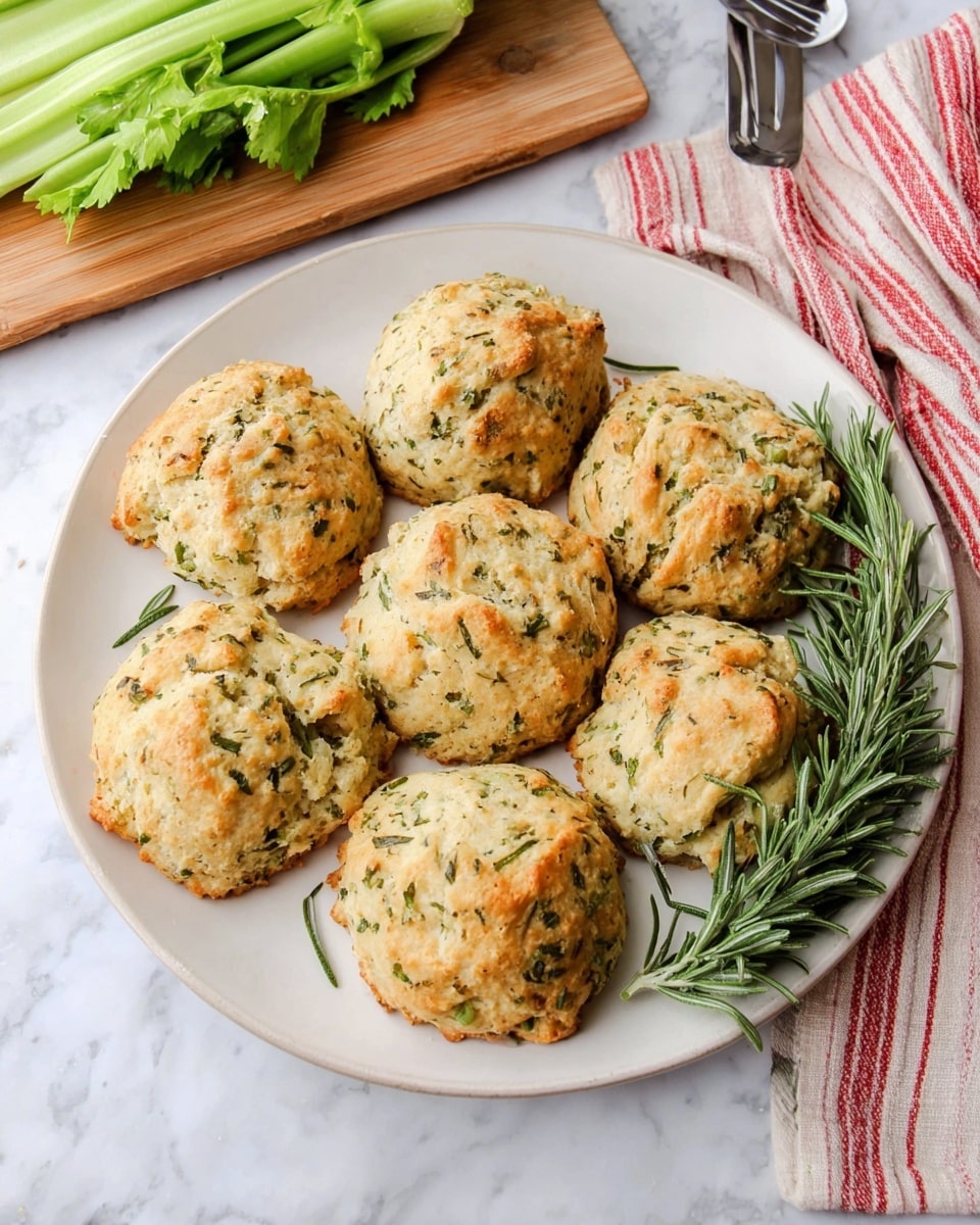 The image shows a white round plate with six herb biscuits arranged in a circle on a white marbled surface. Each biscuit is golden brown with a rough texture, speckled with green herbs throughout, and they have a slightly uneven, rustic shape. In the center of the plate, there is a small bunch of fresh green rosemary sprigs leaning to one side, adding contrast and freshness to the warm tones of the biscuits. In the background, a bunch of celery sticks rests on a wooden cutting board, and a red and white striped cloth is partially visible near the top right corner with a silver kitchen utensil beside it. photo taken with an iphone --ar 4:5 --v 7