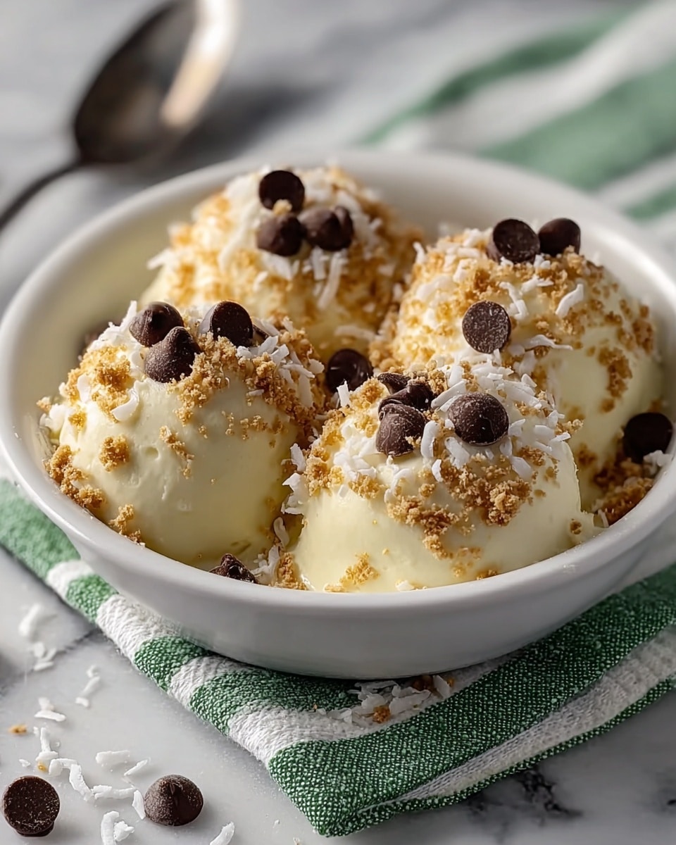 The image shows a white dish holding four round scoops of creamy, pale yellow dessert. Each scoop is topped with a layer of light brown crumbs and scattered white coconut flakes. Dark brown chocolate chips are placed on top and around the scoops, adding contrast to the soft texture below. The dish is set on a white marbled surface with a green-striped cloth partially visible underneath, creating a clean and simple presentation. photo taken with an iphone --ar 4:5 --v 7