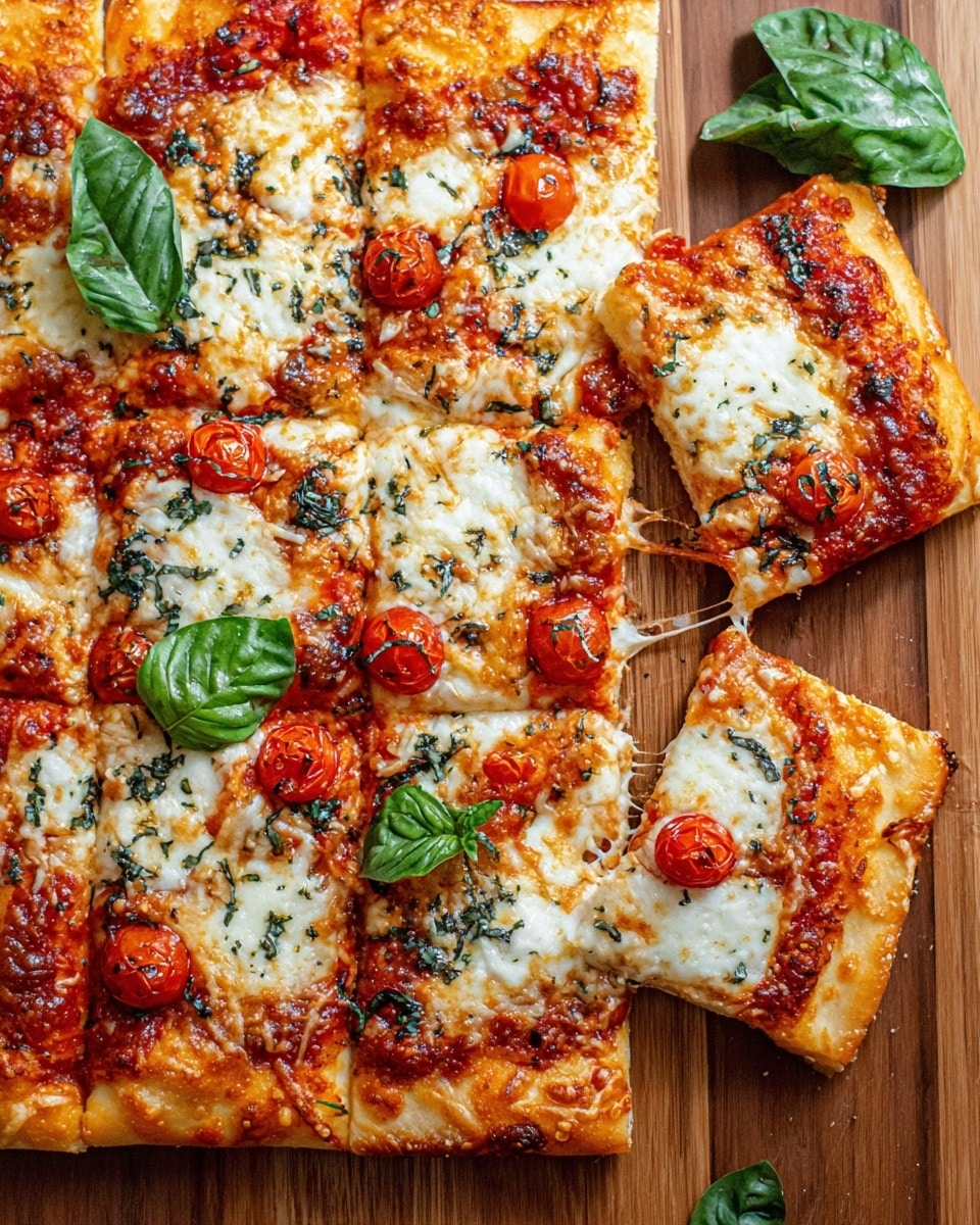 A square pizza cut into 12 smaller square slices sits on a wooden surface with one slice slightly pulled away, showing melted stretchy cheese. The base layer is a golden-brown dough crust. On top is a bright red tomato sauce spread evenly. The third layer is melted white cheese with golden brown spots, scattered with small bright red cherry tomato slices and dark green chopped herbs. Fresh, whole green basil leaves are placed on top, adding color contrast. The edges of the crust are puffy and golden. Photo taken with an iphone --ar 4:5 --v 7