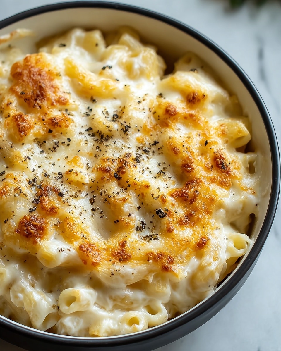A close-up view of a bowl of mac and cheese, showing one main layer of short tube pasta coated thickly in creamy white cheese sauce with a rough, golden-brown melted cheese crust lightly speckled with black pepper on top, all sitting inside a round white bowl that has a dark rim, placed on a white marbled surface. photo taken with an iphone --ar 4:5 --v 7