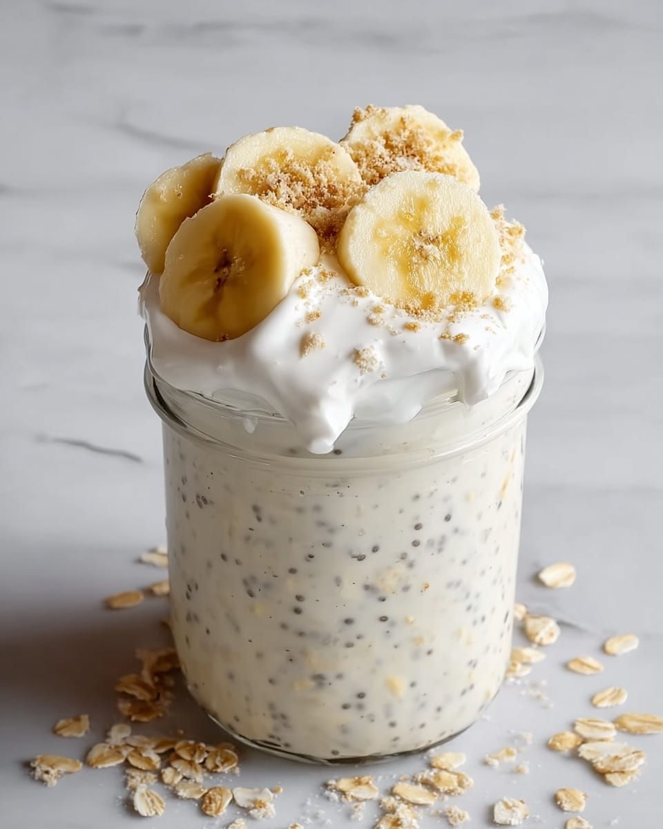 A clear glass jar filled almost to the top with creamy, off-white overnight oats mixed with small visible chia seeds. The jar is topped with a thick white layer of whipped cream or yogurt that spills slightly over the edges. On top of this layer sits five large, round slices of banana, each light yellow with a soft texture. The banana slices are sprinkled with light brown crumbs, adding a crumbly texture contrast. The jar is placed on a white marbled surface with a few scattered oat flakes around it. photo taken with an iphone --ar 4:5 --v 7