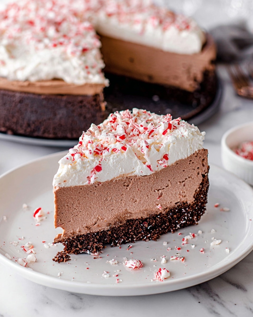 A slice of chocolate mousse cake sits on a white plate over a white marbled surface. The cake has three clear layers: a dark brown, crumbly chocolate crust at the bottom, a thick light brown chocolate mousse middle with a creamy and airy texture, and a top layer of white whipped cream sprinkled with crushed red-and-white peppermint candy pieces. Behind the slice, the rest of the cake is still in a dark pan with a piece missing, showing the same layers. Some candy crumbs are scattered around the plate, adding color contrast. Photo taken with an iphone --ar 4:5 --v 7