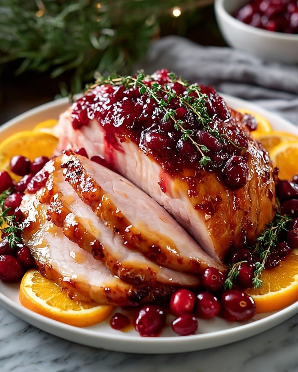 A sliced glazed ham is placed in the middle of a white plate, with five thick slices showing its tender inside and shiny brown outside glaze. A rich red cranberry sauce with whole cranberries covers the top and pools around the sides of the meat. Green sprigs of thyme sit on top of the ham, adding a fresh contrast. Around the ham, bright orange thin slices are arranged, offering a pop of color. The plate rests on a white marbled surface with a soft blurred background. photo taken with an iphone --ar 4:5 --v 7