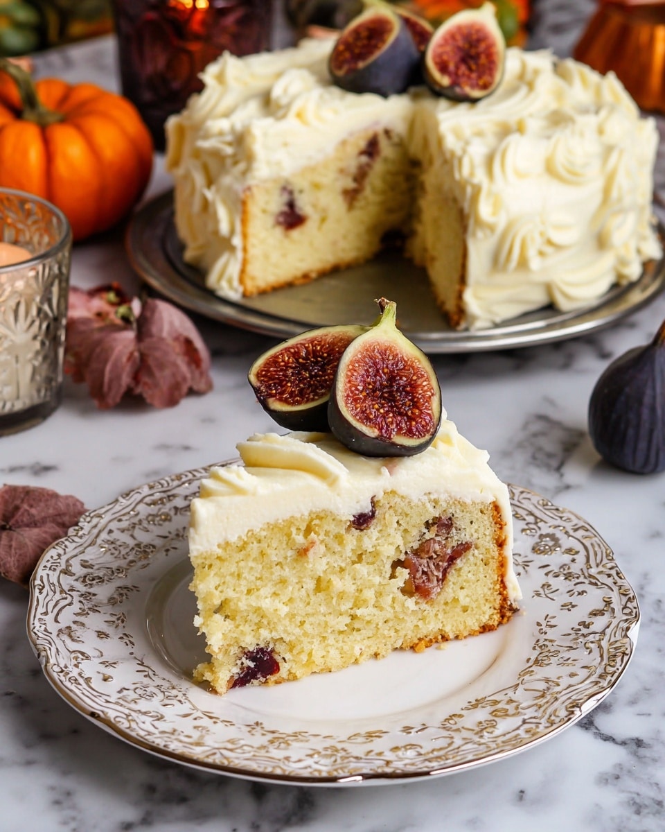 A slice of fig cake sits on a white ornate plate, showing one thick layer of pale yellow cake studded with pieces of fig inside. On top of the cake is a thick, creamy layer of white frosting, with a slightly textured, swirled surface. Two halved figs with dark purple skin and red interiors rest on the frosting. In the background, a larger round cake with the same thick frosting and fig decoration is on a silver tray. The scene is set on a white marbled surface with small pumpkins and a candle holder nearby. photo taken with an iphone --ar 4:5 --v 7