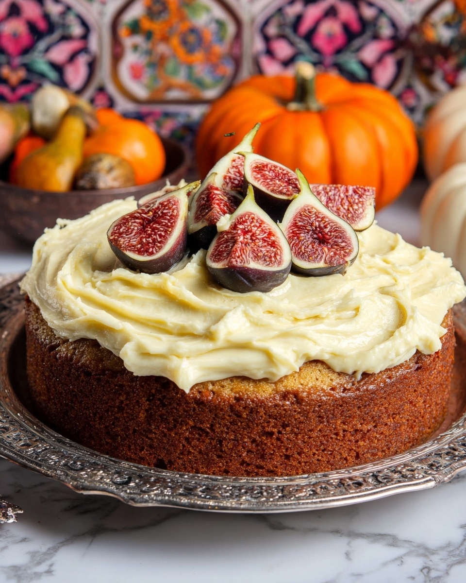 A single-layer golden brown cake with a slightly rough texture sits on an ornate silver tray. The top is covered with a thick layer of creamy, pale yellow frosting spread with swirls and peaks. On top of the frosting, there is a cluster of sliced figs, showing deep red flesh and dark purple skin, placed neatly in the center. The background shows small decorative pumpkins and a colorful patterned backdrop, all set on a white marbled texture surface. photo taken with an iphone --ar 4:5 --v 7