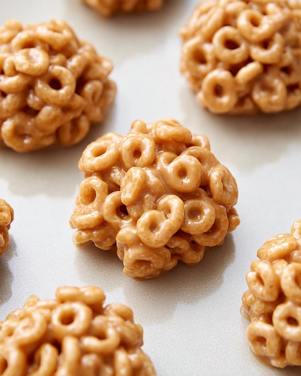 The image shows several small clusters of cereal rings coated in a shiny, light caramel-colored sticky mixture. Each cluster is made by tightly packed golden beige cereal loops that are held together by the glossy coating, forming rounded, bite-sized mounds placed spaced apart on a white marbled textured baking sheet. The texture is slightly sticky and smooth with small air gaps visible inside the cereal loops. Photo taken with an iphone --ar 4:5 --v 7