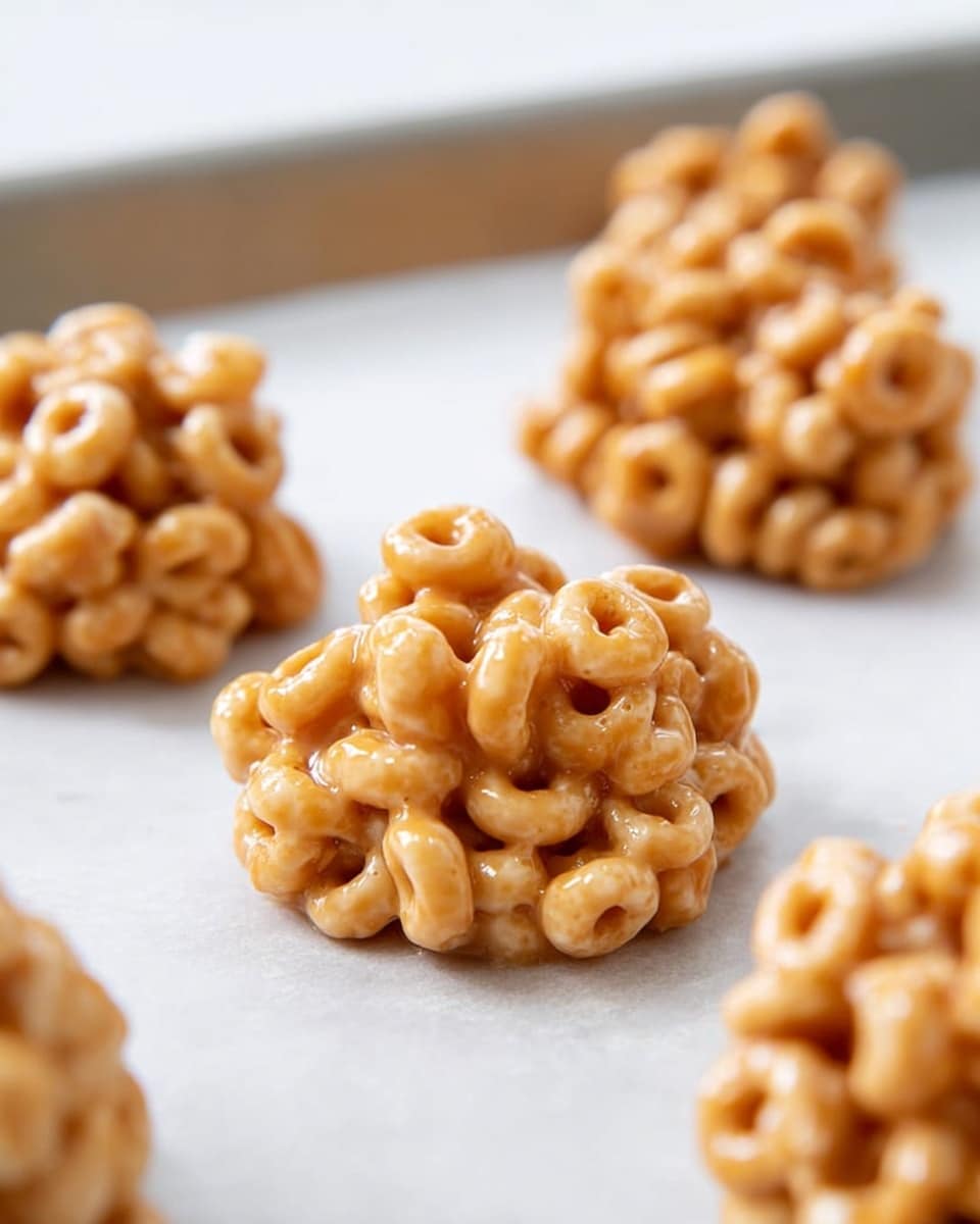 The image shows small clusters of cereal rings coated in a sticky, light caramel-colored sauce, shaped like mini mounds on a light silver baking tray lined with white parchment. Each cluster has many small, round cereal pieces tightly stuck together, forming a bumpy and glossy texture with some slight shine, and the clusters are spaced apart on the tray. The background is a white marbled texture. photo taken with an iphone --ar 4:5 --v 7