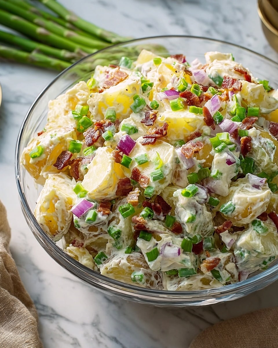 A clear glass bowl filled with chunky potato salad, showing around three layers of light yellow potato pieces coated in creamy white dressing. Mixed throughout are small bits of crispy brown bacon, bright green chopped scallions, and small purple onion pieces, all evenly spread on top and inside the salad. The bowl sits on a white marbled surface, with some green asparagus stalks and a beige cloth nearby. photo taken with an iphone --ar 4:5 --v 7