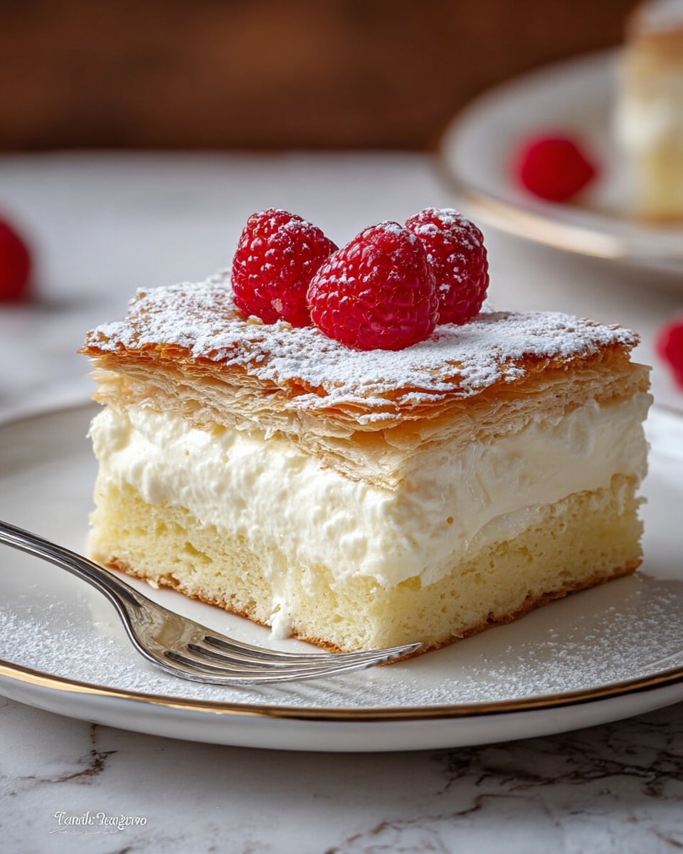 A square slice of layered dessert sits on a white plate with a gold rim, placed on a surface with a white marbled texture. The bottom layer is a light golden cake base with a soft, airy texture. Above it is a thick, creamy white filling that looks smooth and fluffy. The top layer is composed of thin, flaky golden puff pastry. The dessert is dusted with powdered sugar, and three fresh, bright red raspberries sit on top, adding a pop of color. A small metal fork rests on the plate's edge. Photo taken with an iphone --ar 4:5 --v 7