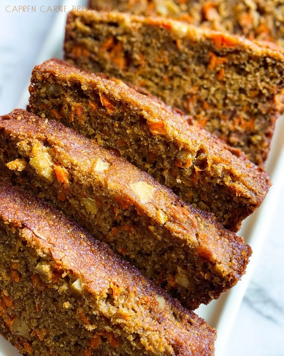 The image shows several rectangular slices of carrot apple bread arranged closely together on a white plate. The bread has a moist texture with visible small orange carrot bits and tiny light yellow apple pieces spread evenly throughout the dense brown crumb. The surface of the bread slices looks slightly rough and textured, with a darker golden-brown crust on the edges. The background is a white marbled texture. photo taken with an iphone --ar 4:5 --v 7