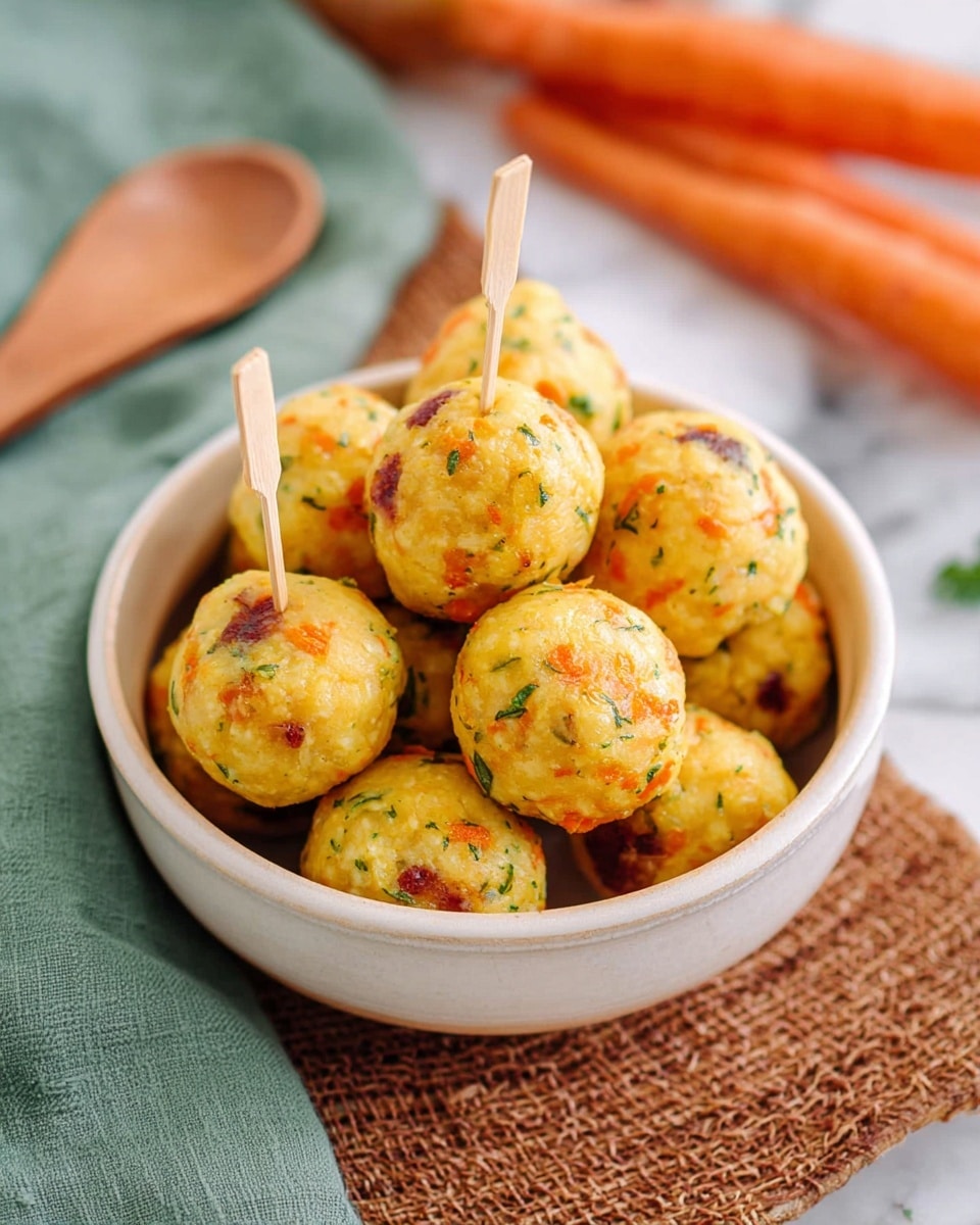 A bowl filled with about 12 golden-yellow round balls mixed with small green and orange bits, showing some browned spots on the surface, with three balls each pierced by a thin wooden toothpick; the bowl is white and rests on a textured brown mat on a white marbled surface, with two whole carrots blurred in the background and a wooden spoon placed next to a green cloth. photo taken with an iphone --ar 4:5 --v 7