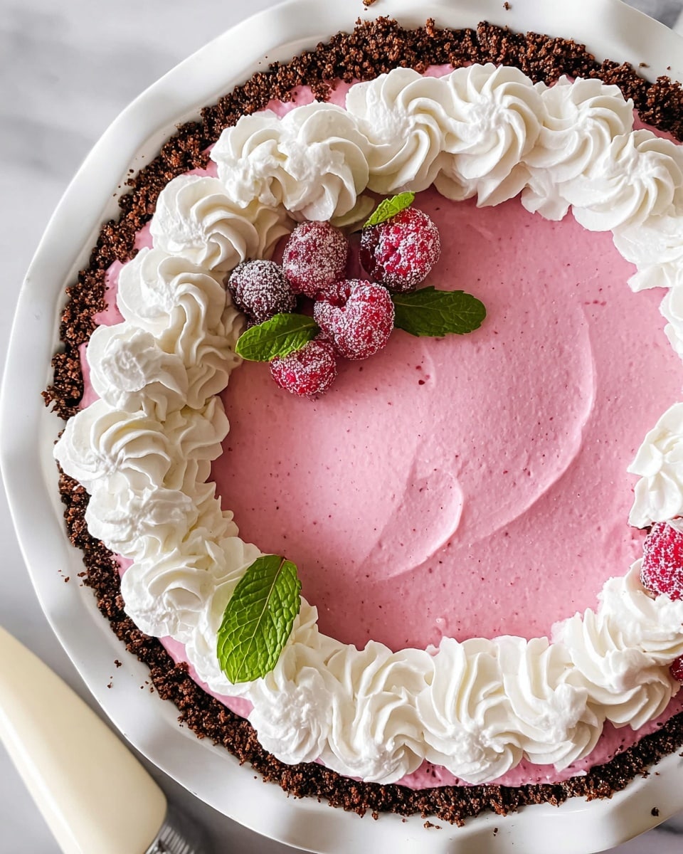 The dessert is a pie with three clear layers inside a white pie dish. The bottom layer is a crumbly, dark brown crust lining the whole dish. Above this is a thick, smooth, pink creamy layer with a few small texture details, spread evenly in the center. The top layer is a ring of thick white whipped cream piped in large swirls along the edge of the pink cream. On top of the whipped cream are small frosted red berries and fresh bright green mint leaves, with a small cluster of the same berries and leaves placed in the center. The pie is set on a white marbled surface, and a piping bag is partially visible beside it. Photo taken with an iphone --ar 4:5 --v 7