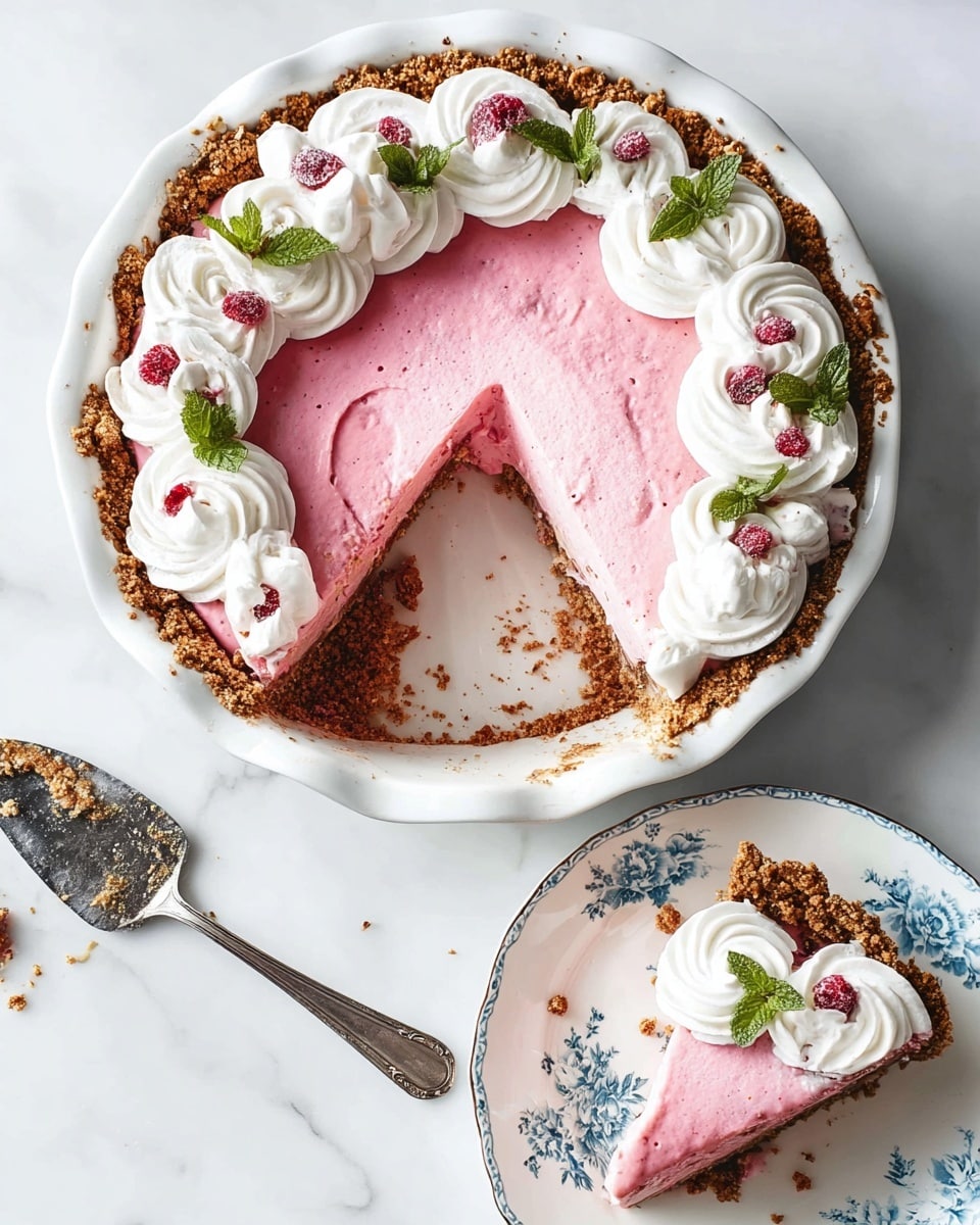A pie with three main layers sits in a white pie dish on a white marbled surface. The bottom layer is a thick, crumbly brown crust evenly pressed along the edges. The middle layer is a bright pink filling with a smooth, creamy texture covering the whole surface inside the crust. The top layer is white whipped cream piped in thick swirls around the edge of the pie, decorated with small frosted red berries and fresh green mint leaves evenly spaced among the whipped cream. A slice is cut and placed on a white plate with blue floral patterns, showing the distinct layers of brown crust, pink filling, and white cream on top, with a fork resting beside the slice. A silver pie server with crumbs and a bit of pink filling is placed nearby. photo taken with an iphone --ar 4:5 --v 7