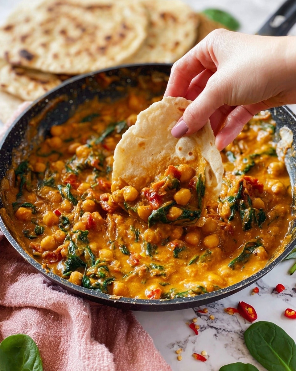 The image shows a close-up view of a black frying pan filled with thick, orange chickpea curry mixed with green spinach leaves and pieces of red tomato, all covered in a rich, creamy sauce. A woman's hand is holding a piece of folded flatbread dipping into the curry, which clings to the bread with visible chickpeas and vegetables. In the background, more pieces of flatbread rest on a pink cloth, and the pan is set on a white marbled surface with scattered green spinach leaves and small red chili pieces around. The textures of the curry look creamy and chunky, while the flatbread appears soft and slightly browned. Photo taken with an iphone --ar 4:5 --v 7