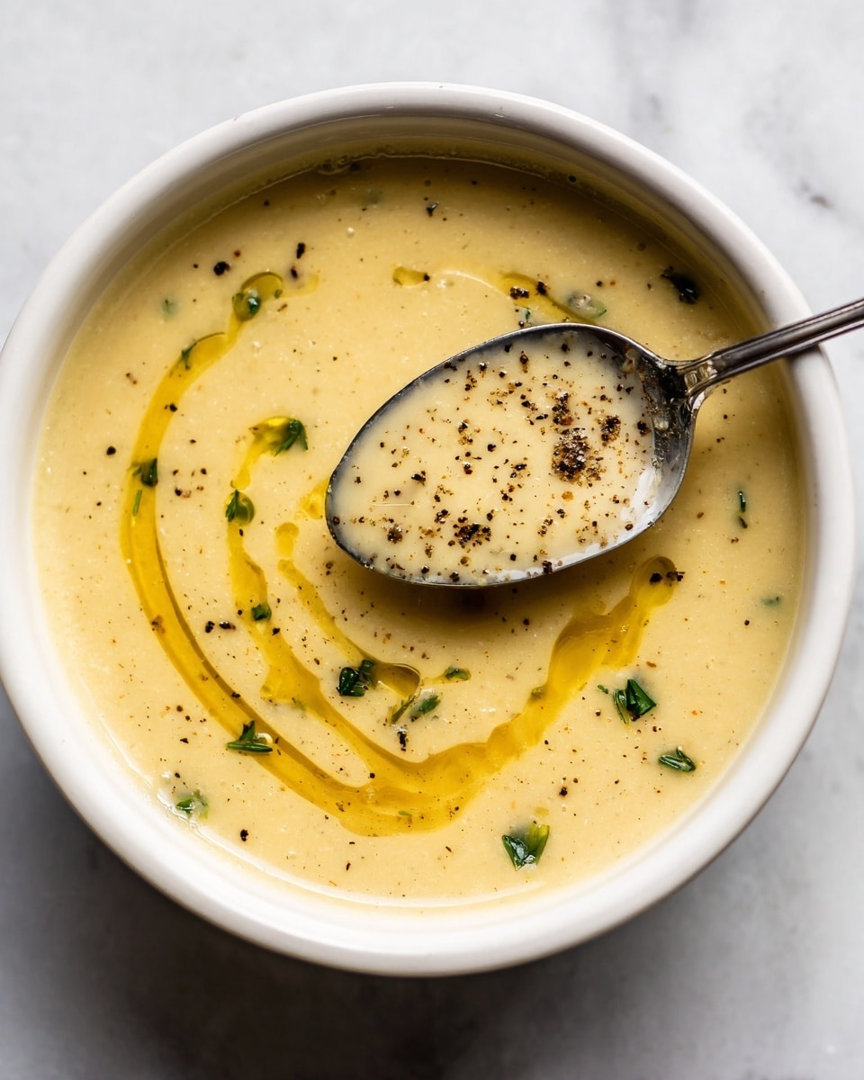 A close-up of a creamy light yellow soup in a white bowl, topped with small green herb pieces and a drizzle of golden olive oil forming a loose circular pattern on the surface. On a silver spoon sitting above the soup, a scoop of the thick soup shows specks of black pepper and herbs scattered on it. The texture of the soup looks smooth and rich, with slight bubbling near the edges, all set against a white marbled background. photo taken with an iphone --ar 4:5 --v 7