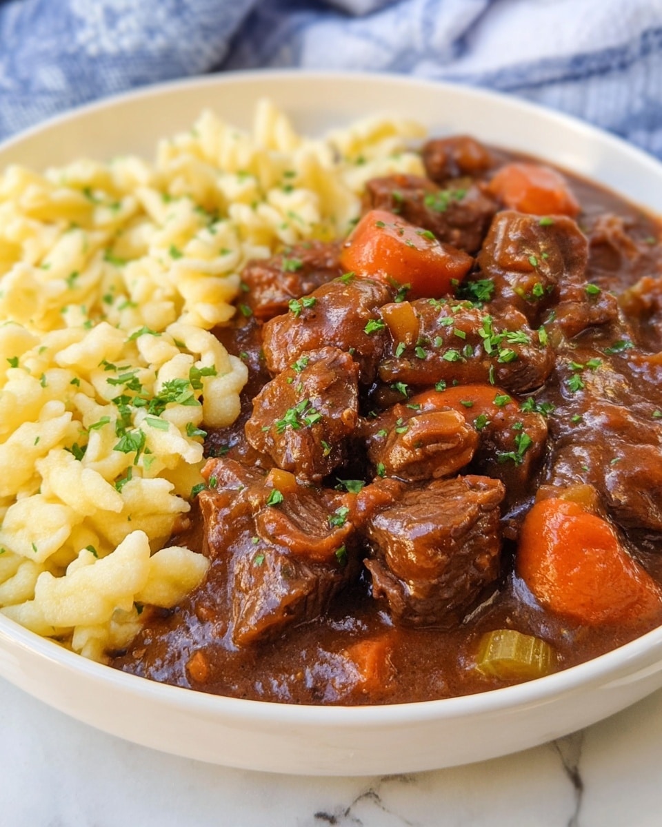 A white bowl contains a rich brown beef stew with thick gravy, large chunks of tender beef, round slices of orange carrot, and pieces of celery mixed in; the stew is garnished with small green herb pieces scattered over the top. Next to the stew is a generous serving of pale yellow spaetzle noodles with a soft, slightly curly texture, filling half the bowl. The bowl sits on a white marbled surface with a blurred blue and white cloth in the background. Photo taken with an iphone --ar 4:5 --v 7