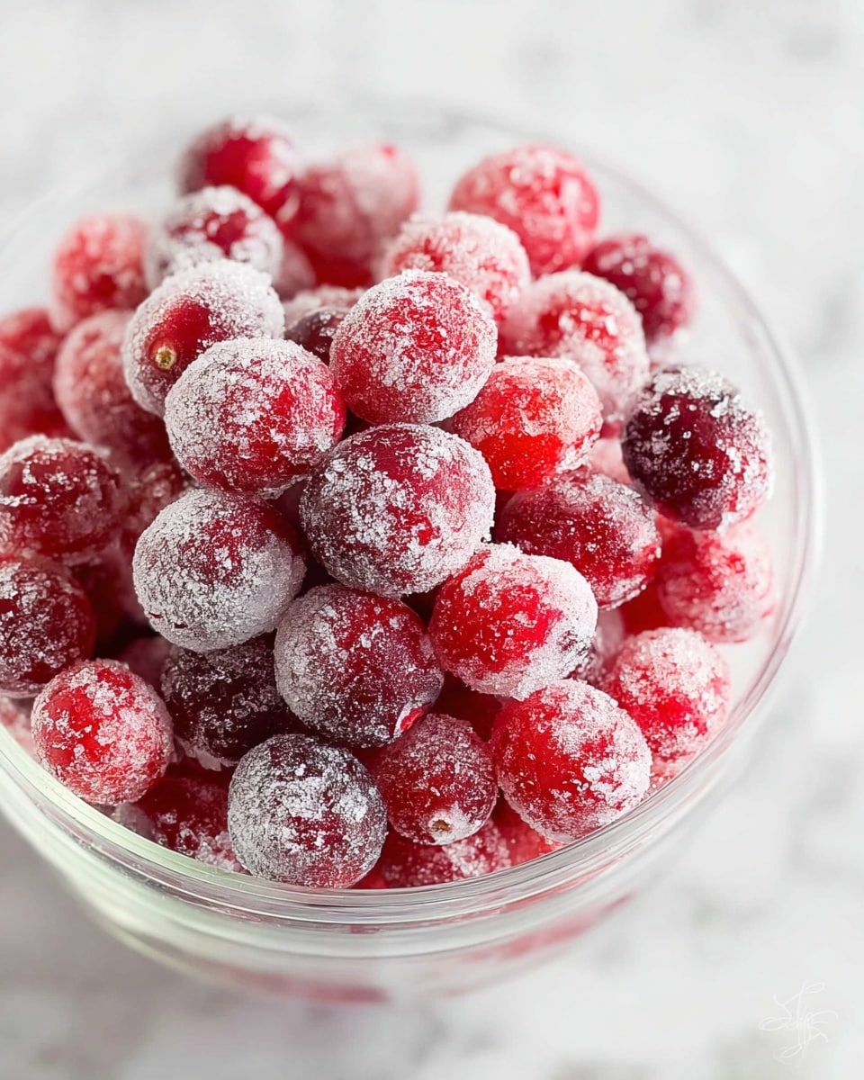 A clear glass bowl filled with bright red cranberries coated in a layer of sparkling white sugar crystals, each cranberry covered evenly giving a frosty, textured look. The cranberries vary slightly in shade from light to deep red, and the sugar coating glistens, adding a festive, icy effect. The bowl sits on a white marbled surface with soft reflections visible beneath it, creating a clean and fresh setting. photo taken with an iphone --ar 4:5 --v 7