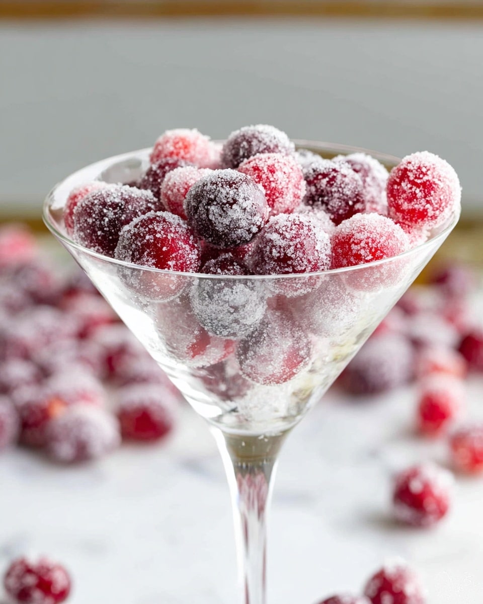 A clear glass martini glass filled with one layer of sugar-coated red and purple cranberries. Each cranberry is covered with a sparkling layer of white sugar crystals that add texture and a frosty look. The glass is placed on a white marbled surface, with additional sugared cranberries scattered loosely in the background, slightly out of focus. The colors are bright, showing the contrast between the red and purple berries and the white sugar coating. The lighting is soft and natural, highlighting the sugary texture and the round shape of the berries. photo taken with an iphone --ar 4:5 --v 7