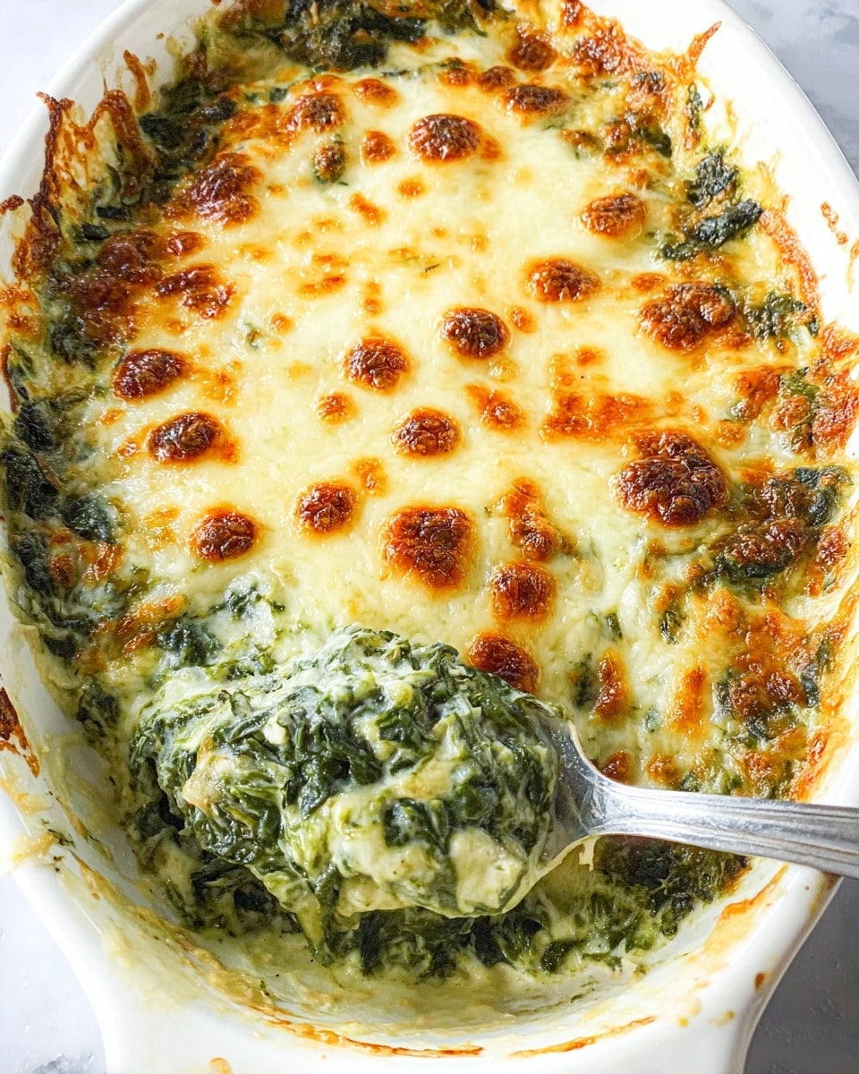 The image shows a white oval baking dish filled with a cooked spinach and cheese casserole. The top layer is golden brown melted cheese with browned spots scattered across a thick, creamy mixture of finely chopped leafy spinach beneath. A silver spoon is scooping out a portion from the right side, revealing a textured, greenish base mixed with cheese under the browned crust. The dish rests on a white marbled surface. Photo taken with an iphone --ar 4:5 --v 7