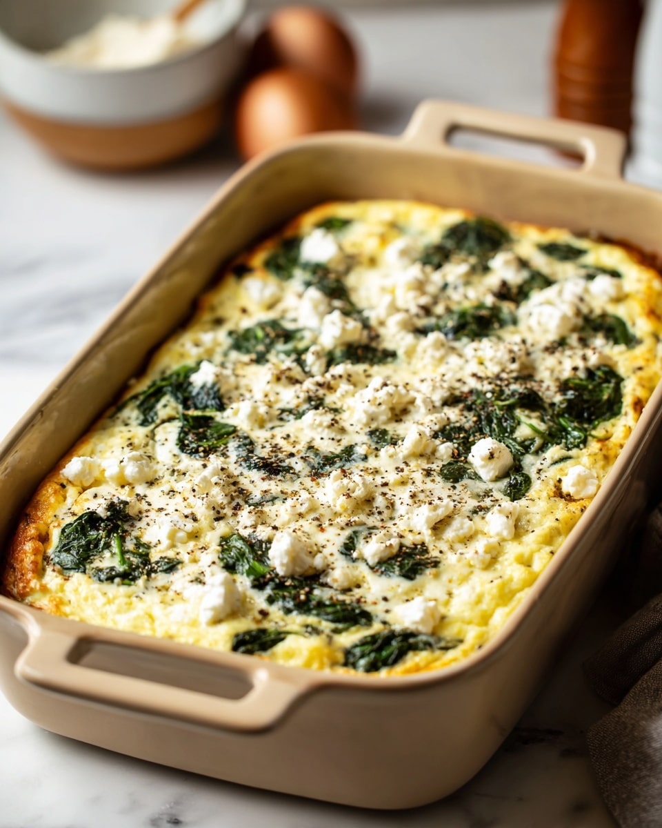 A rectangular beige baking dish holds a baked casserole with two visible layers: a creamy yellow base and a top layer sprinkled with evenly spread dark green spinach leaves and white cheese chunks. The top is lightly speckled with black pepper, creating a textured appearance. The dish is placed on a white marbled surface with a soft background featuring blurred kitchen items. Photo taken with an iphone --ar 4:5 --v 7