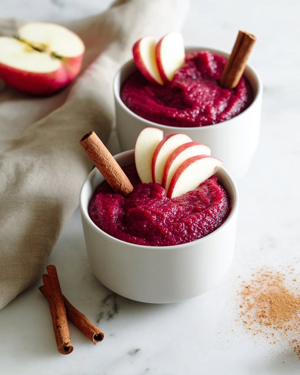 Two white cups are filled with a thick, deep red puree with a slightly rough texture. Each cup has two sliced apple pieces with red edges placed vertically on top, along with a single brown cinnamon stick standing upright behind the apple slices. The cups sit on a white marbled surface next to a beige cloth, a halved apple showing its white inside and red skin, some spilled cinnamon powder, and a few whole cinnamon sticks scattered around. The photo taken with an iphone --ar 4:5 --v 7