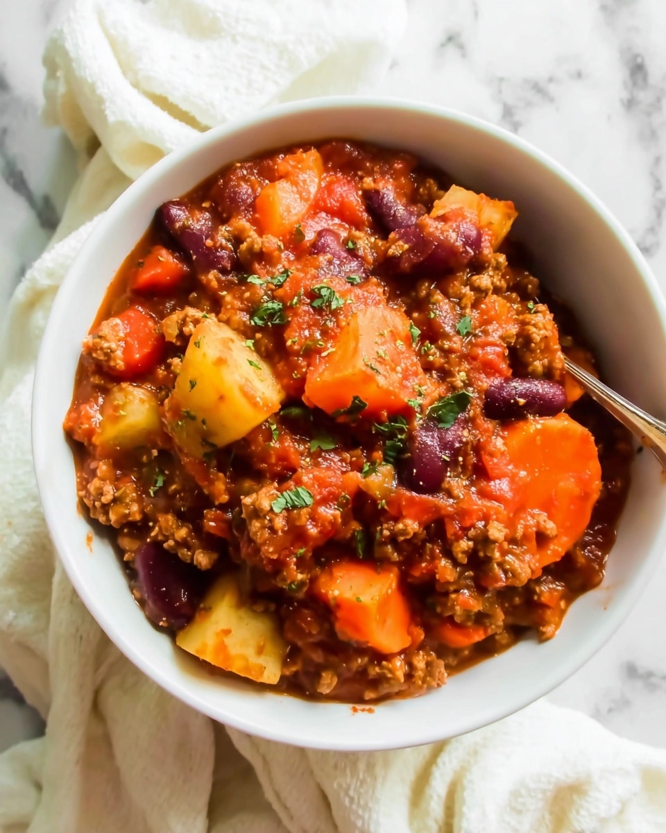 The image shows a white bowl filled with a thick stew-like dish with three main visible layers: the bottom layer is a mix of soft, ground meat with a brownish color; the middle layer contains soft, orange carrot slices and chunks of yellow squash, both coated in a rich red tomato-based sauce; the top layer includes small dark red kidney beans scattered throughout and sprinkled green herbs on top. The sauce looks thick and chunky with small bits of vegetables and herbs visible. The bowl is placed on a white marbled texture with a cream-colored cloth beside it. A spoon is partially visible inside the bowl. photo taken with an iphone --ar 4:5 --v 7