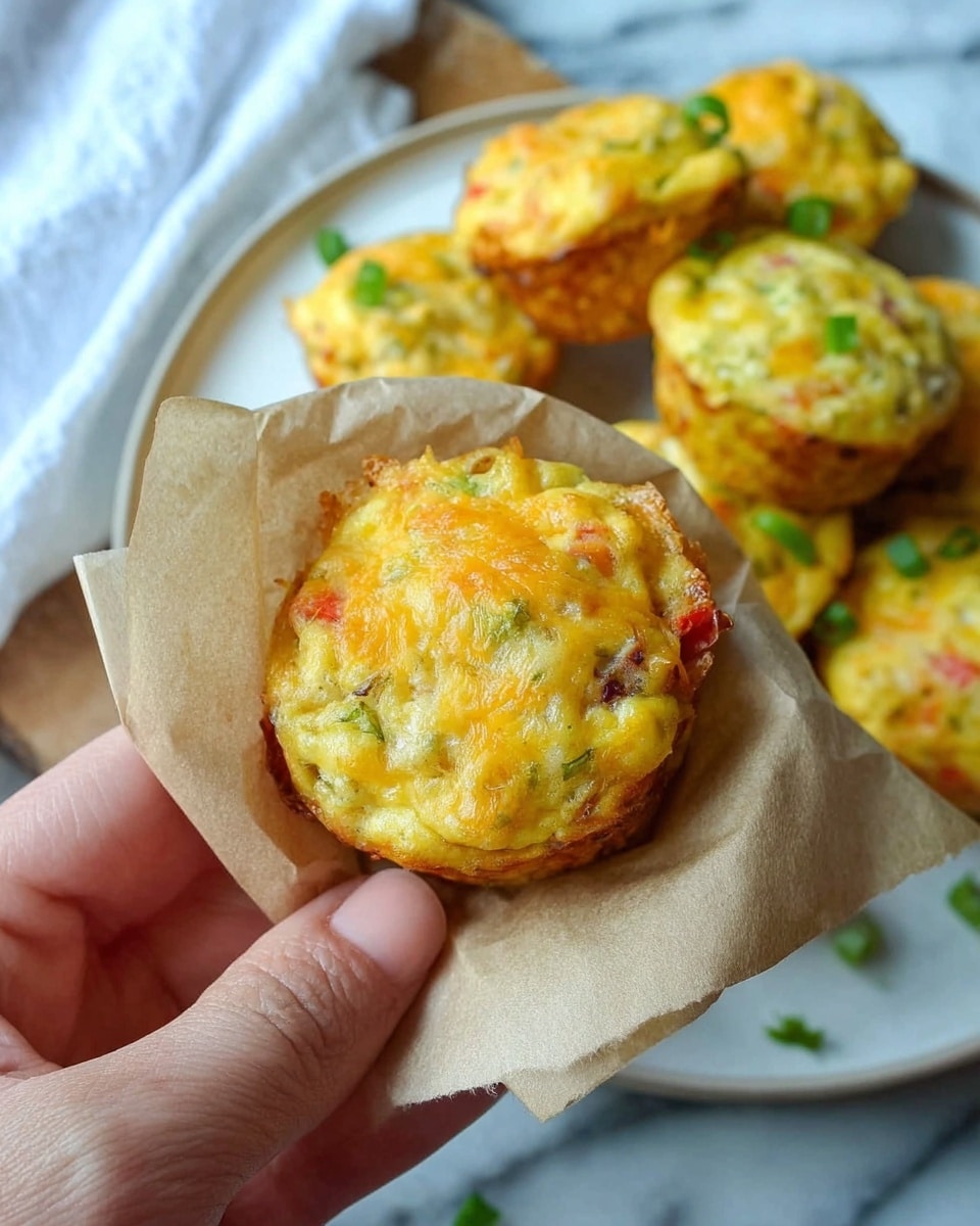 A close-up image shows a yellow and orange mini muffin with visible bits of red and green vegetables or herbs baked inside, held by a woman's hand wrapped in a light brown paper napkin. The muffin has a slightly rough textured top with melted cheese and small browned spots. In the background, multiple similar mini muffins are placed on a white plate with some green herbs sprinkled on them. The setting is on a white marbled surface. photo taken with an iphone --ar 4:5 --v 7