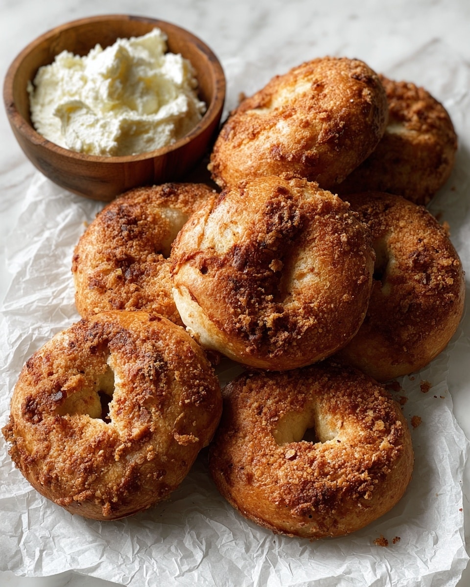 A group of seven golden-brown bagels with a rough, crumbly texture on top are piled together, showing a crunchy outer layer with a few cracks and darker spots. They rest on crinkled white parchment paper on a white marbled surface. To the left of the bagels, there is a round wooden bowl filled with a fluffy, creamy white spread. The bagels vary slightly in shape, with some more rounded and others slightly irregular. photo taken with an iphone --ar 4:5 --v 7