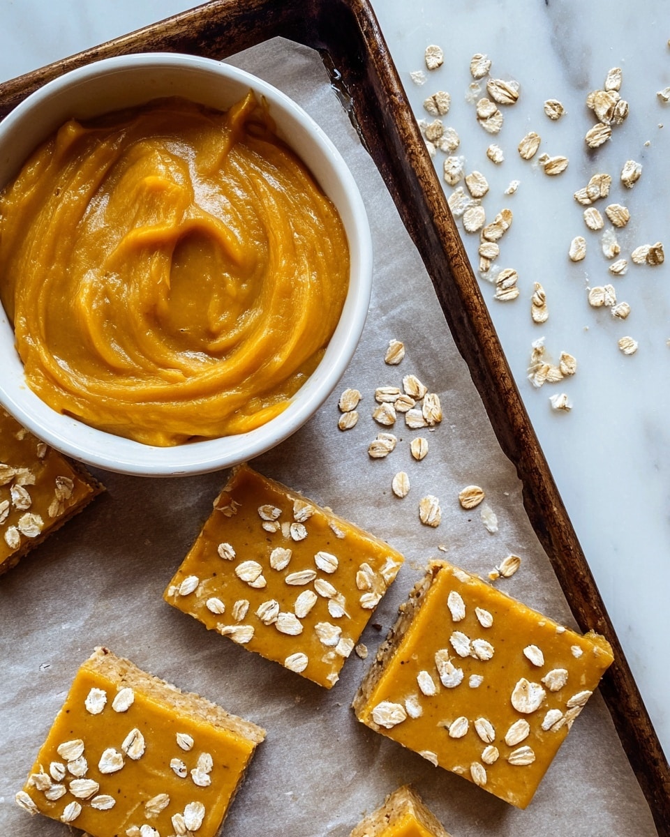 The image shows five square bars of orange-colored dessert with a smooth texture topped with scattered oat flakes, arranged on a baking tray lined with parchment paper. The bars are evenly cut with one piece slightly pulled away from the group. To the right of the tray, there is a white bowl filled with thick, creamy orange puree with a swirled pattern on top. Around the bowl and tray on a white marbled surface, there are loose oat flakes scattered casually. The scene is lit softly, highlighting the creamy and textured details of the dessert and oats. photo taken with an iphone --ar 4:5 --v 7