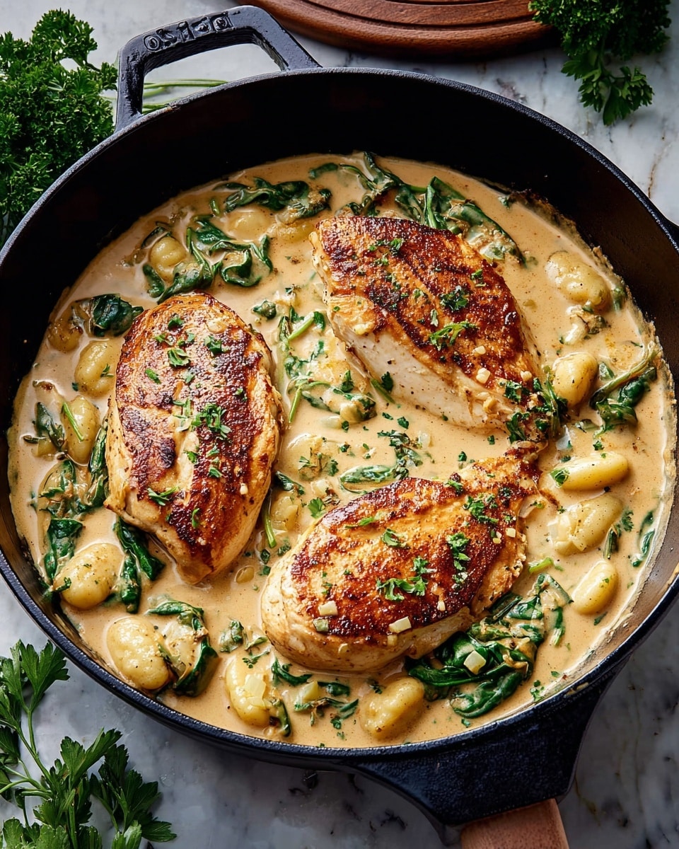 The dish is shown in a black cast iron pan placed on a white marbled texture. It has three grilled chicken breasts with a golden-brown, slightly crispy surface, positioned on top of a creamy beige sauce mixed with green spinach leaves and small light yellow gnocchi pieces. The sauce has a smooth, rich texture, filling the pan nearly to the edges, with scattered chopped parsley adding a touch of color on the chicken and sauce. The pan's lid rests nearby, and fresh parsley sprigs are visible in the background. photo taken with an iphone --ar 4:5 --v 7