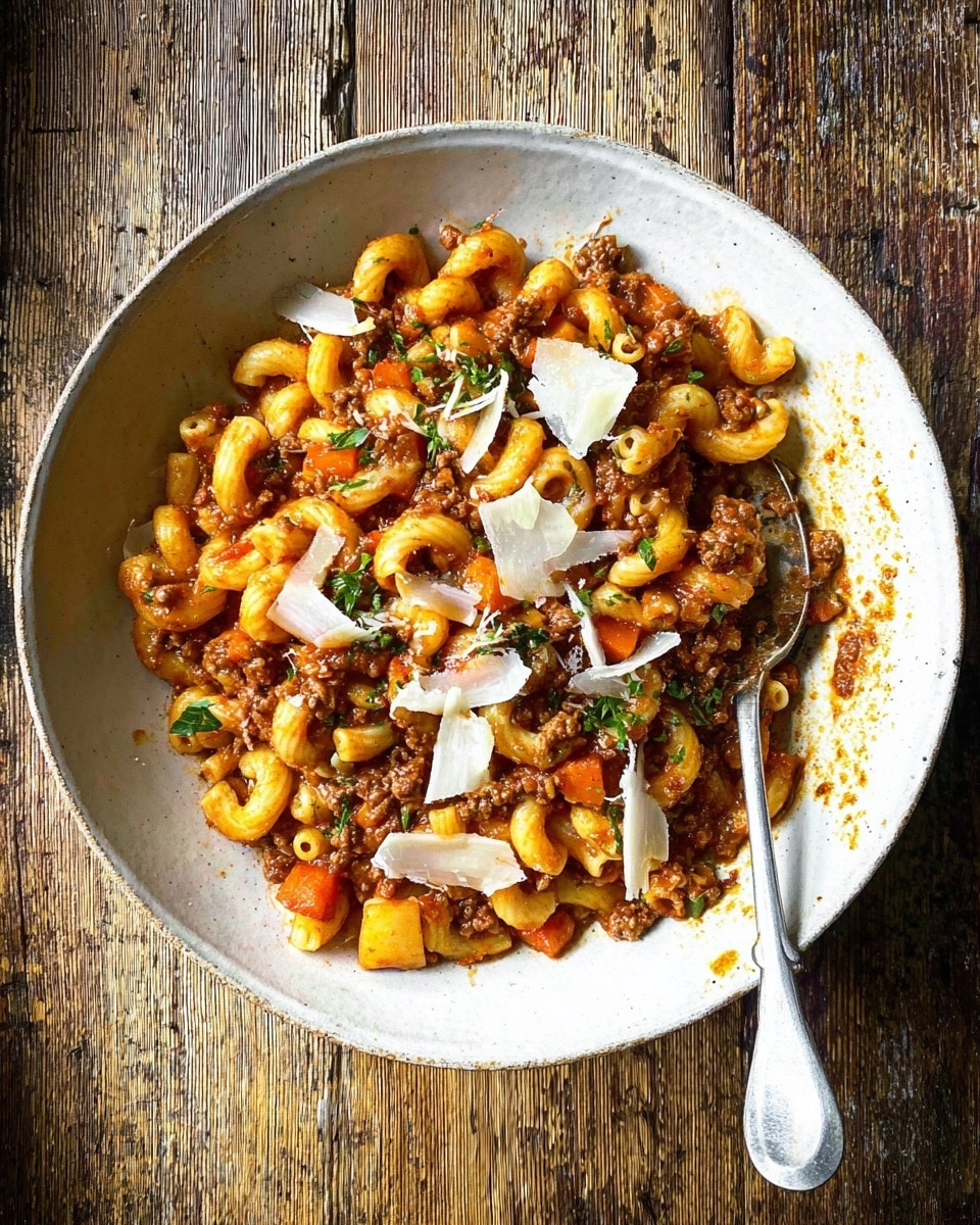 A white round bowl filled with a pasta dish consisting of chunky macaroni covered in a rich, reddish-brown meat sauce with visible small pieces of carrots and herbs. The pasta is topped with scattered thin white cheese shavings, adding texture and contrast. A silver spoon rests inside the bowl on the right side, partially covered with sauce. The bowl sits on a rustic wooden surface that contrasts with the smooth texture of the pasta and cheese. photo taken with an iphone --ar 4:5 --v 7