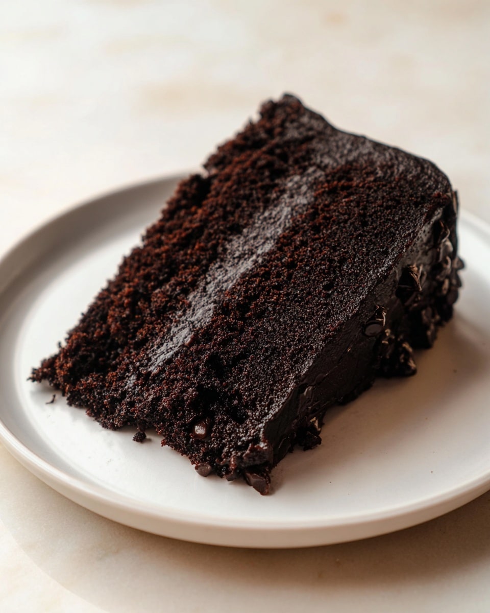 A thick slice of dark chocolate cake with a moist and dense texture sits on a simple white plate. The cake has a rich, almost black color with tiny chocolate chips embedded within it, noticeable along the bottom edge, while some melty chocolate spots peek out from the sides. The top is slightly crumbly but compact, showing a deep, dark brown almost black shade. The plate is on a white marbled surface, giving a clean and soft contrast to the dark cake. photo taken with an iphone --ar 4:5 --v 7