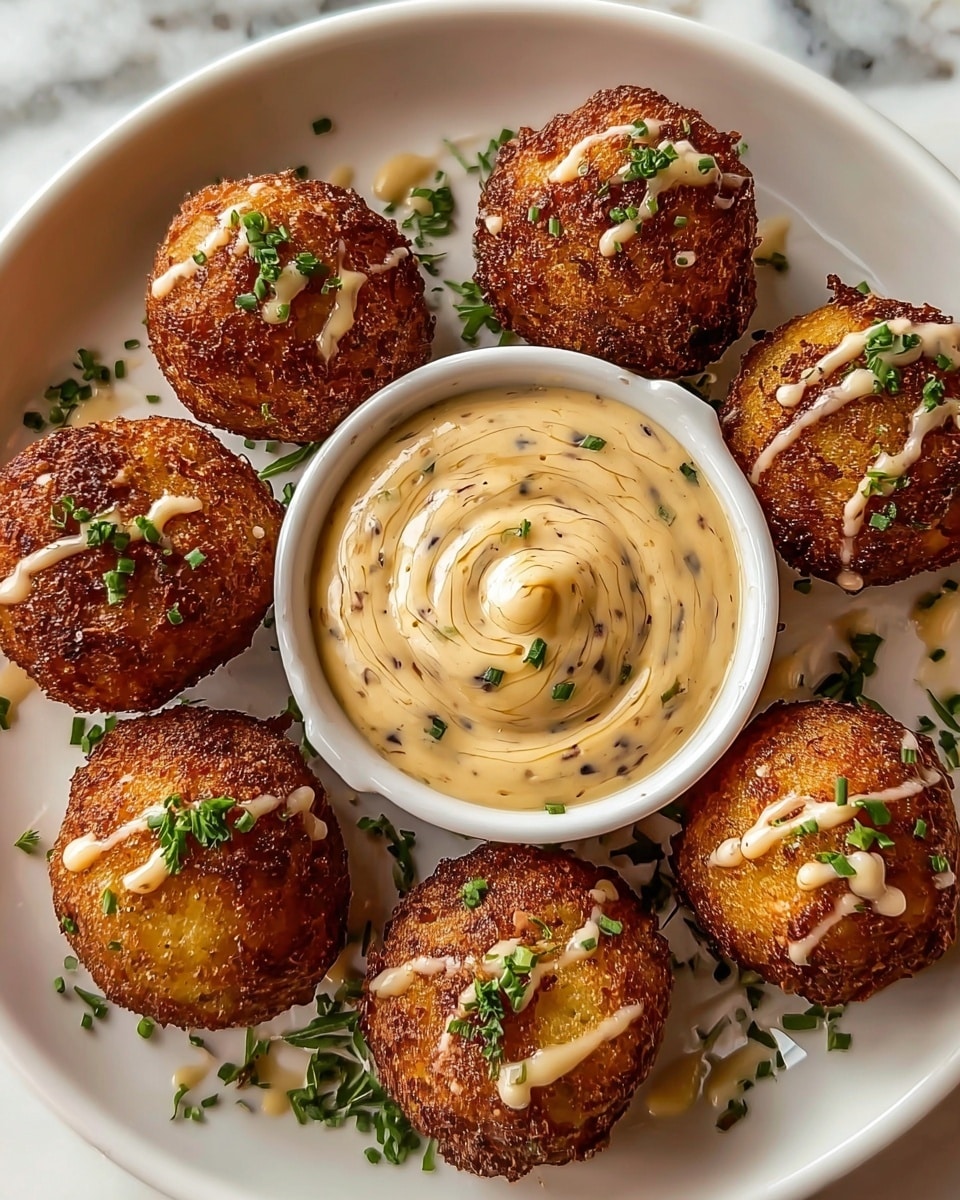 Seven golden brown fried balls with a crispy texture, each topped with a light drizzle of creamy beige sauce and garnished with small green herb pieces, are arranged in a circle on a white plate. In the center of the plate, there is a white bowl filled with a spiral of the same creamy beige sauce, speckled with dark flecks and topped with green herbs. The plate sits on a white marbled surface. photo taken with an iphone --ar 4:5 --v 7