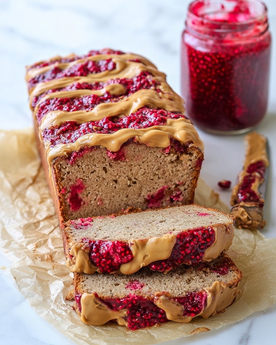 The image shows a loaf of sliced bread with two visible slices placed in front. The bread has a light brown, dense texture with a slightly crumbly surface. On top of the loaf and the slices, there is a thick drizzle of creamy, light brown peanut butter, mixed with bright red raspberry jam that looks chunky with visible seeds. The toppings create a marbled effect on the surface and sides of the bread. The bread rests on crumpled parchment paper, and a glass jar filled with the same red raspberry jam is nearby. A knife with traces of peanut butter and jam lies on the right side on a white marbled textured surface. photo taken with an iphone --ar 4:5 --v 7